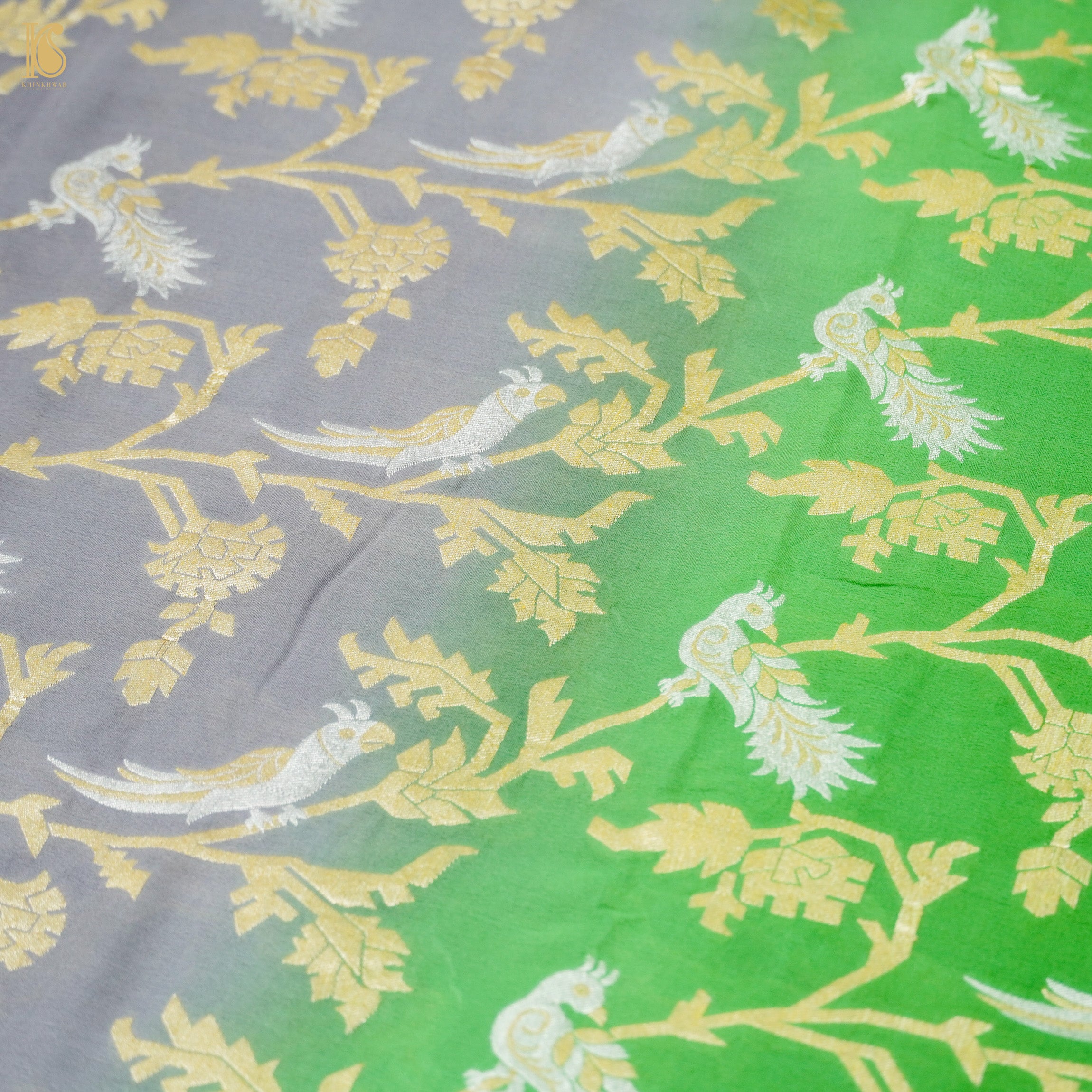 Green & Grey Pure Georgette Banarasi Meenakari Birds Dupatta - Khinkhwab