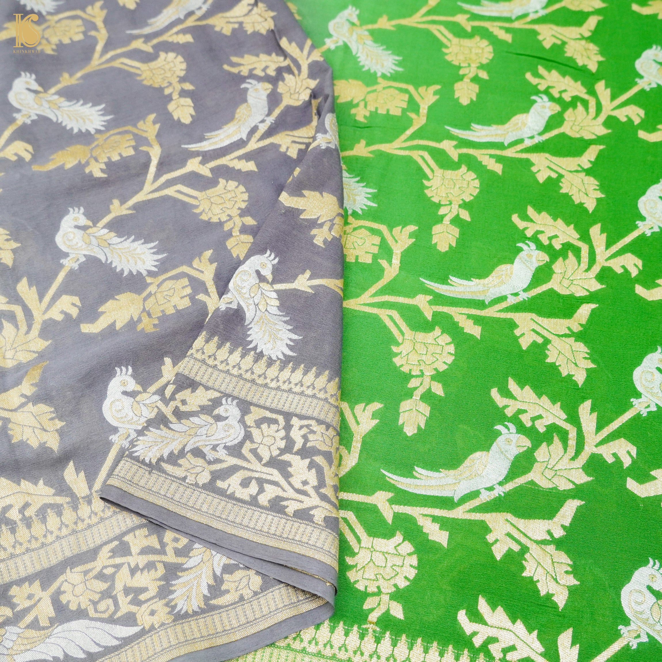 Green & Grey Pure Georgette Banarasi Meenakari Birds Dupatta - Khinkhwab