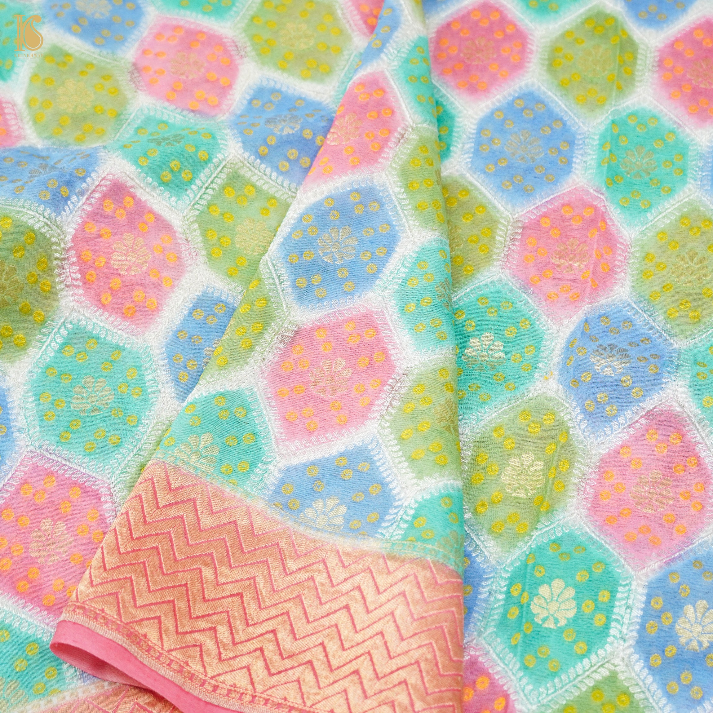 Pink Pure Georgette Banarasi Dupatta with Woven Dots - Khinkhwab