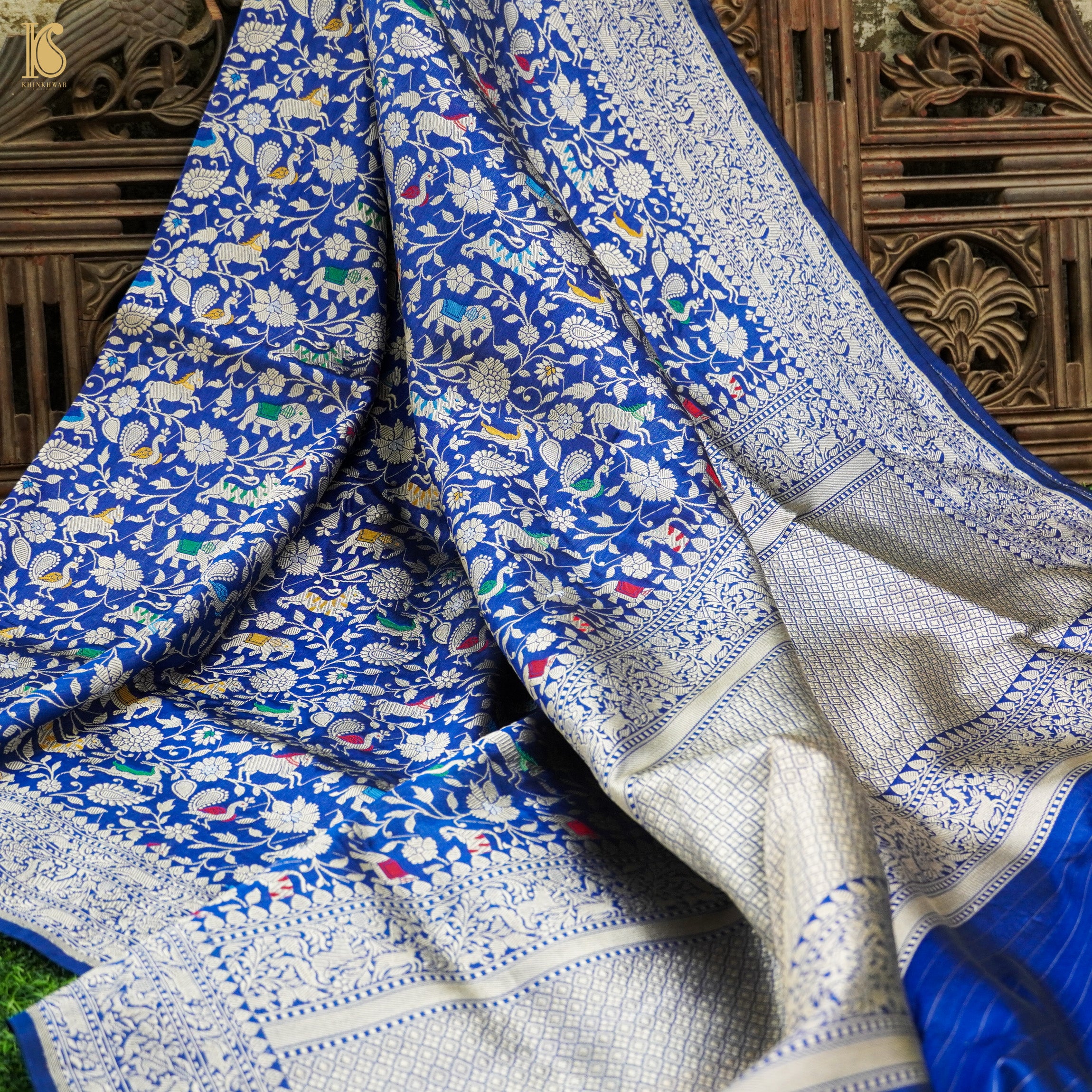 Egyptian Blue Pure Katan Silk Handwoven Banarasi Shikargah Dupatta - Khinkhwab