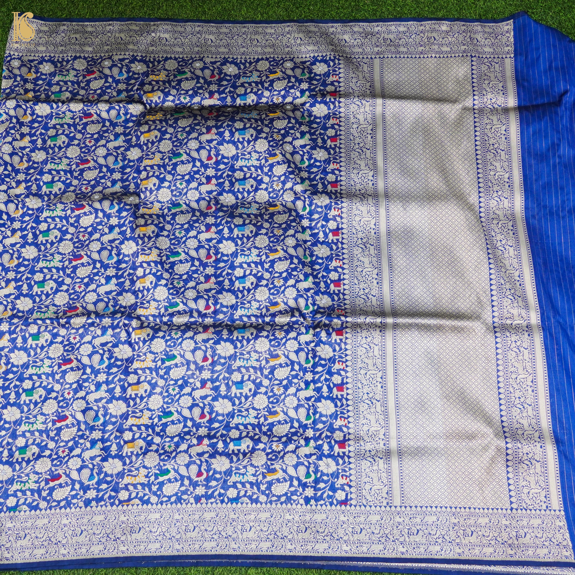 Egyptian Blue Pure Katan Silk Handwoven Banarasi Shikargah Dupatta - Khinkhwab
