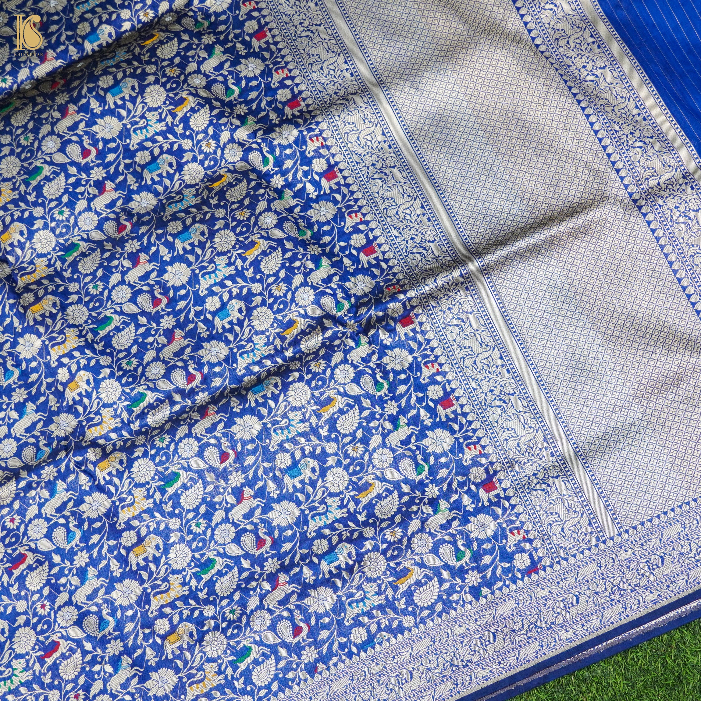 Egyptian Blue Pure Katan Silk Handwoven Banarasi Shikargah Dupatta - Khinkhwab