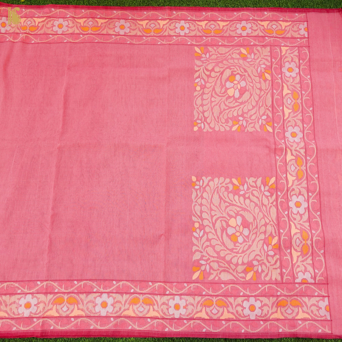 Pink Pure Cotton Real Silver Zari Handloom Banarasi Konya Meenakari Saree - Khinkhwab