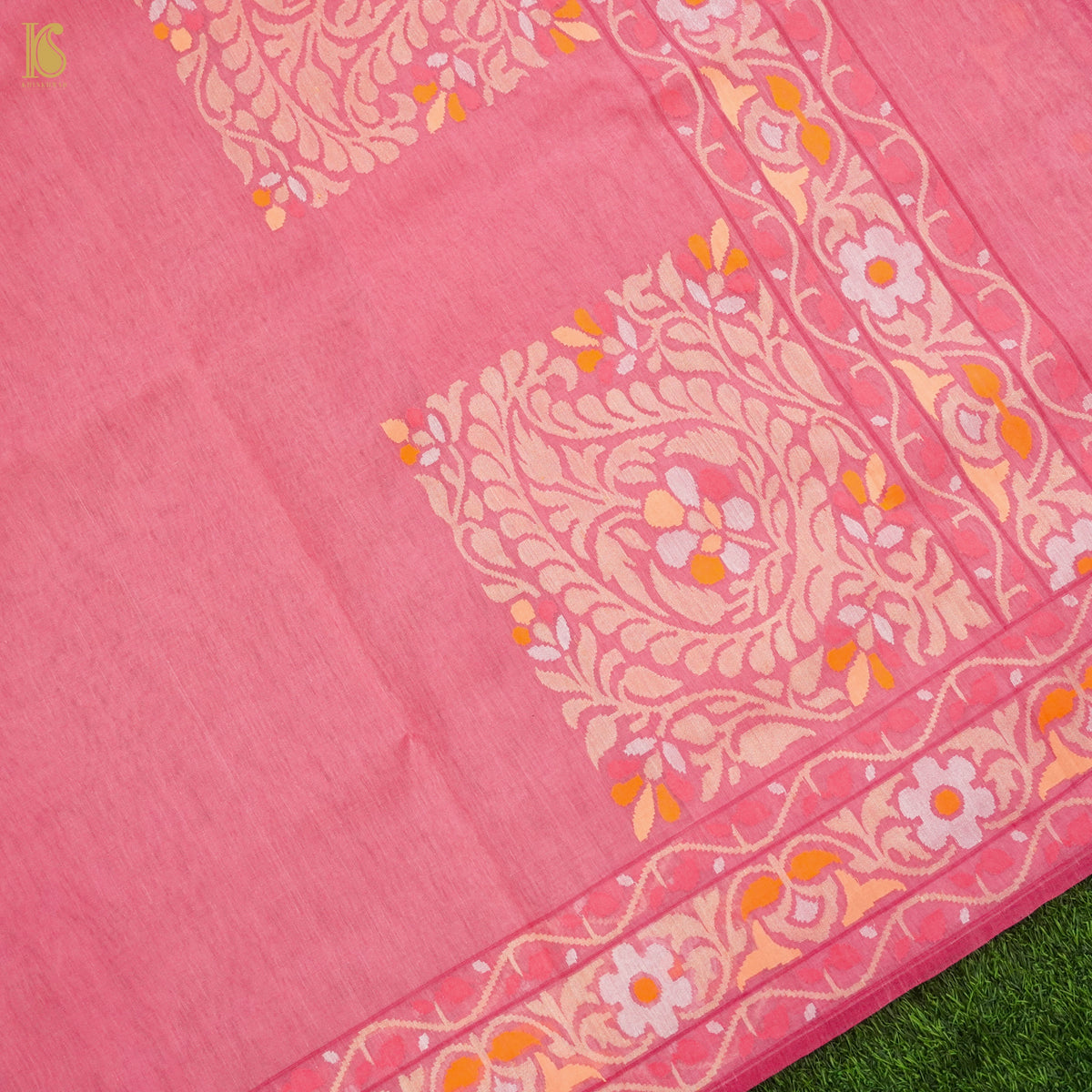 Pink Pure Cotton Real Silver Zari Handloom Banarasi Konya Meenakari Saree - Khinkhwab