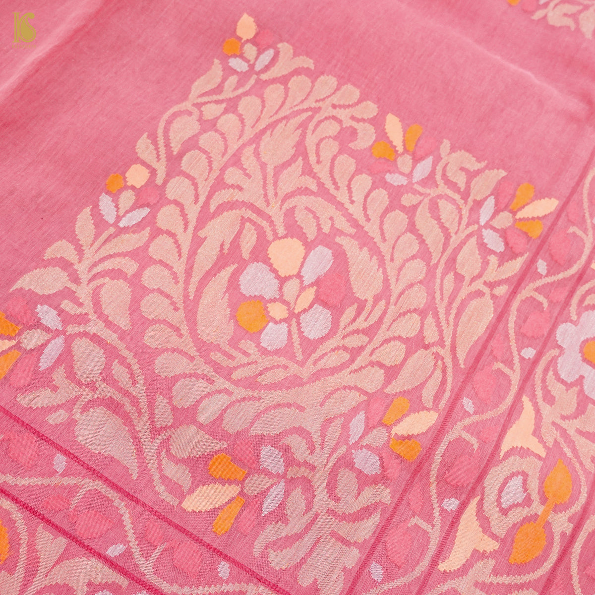 Pink Pure Cotton Real Silver Zari Handloom Banarasi Konya Meenakari Saree - Khinkhwab