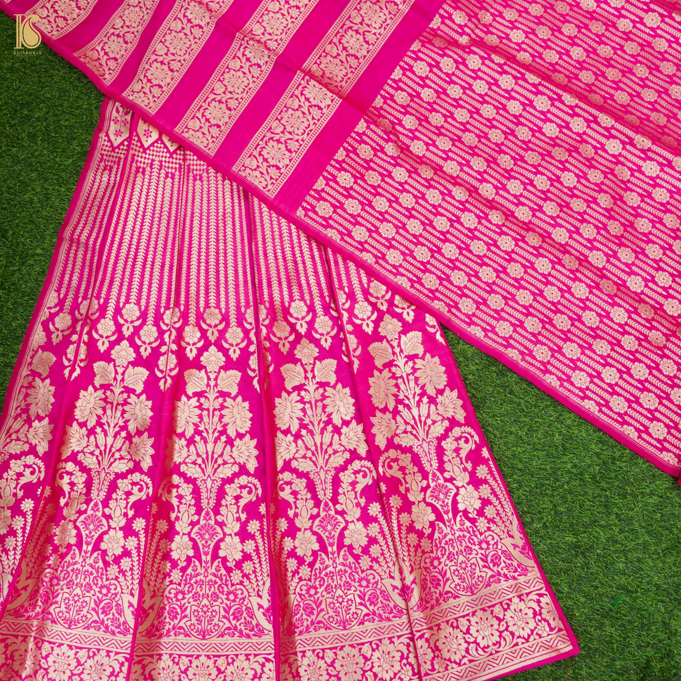 Pink Pure Katan Silk Handloom Banarasi Kalidar Lehenga - Khinkhwab