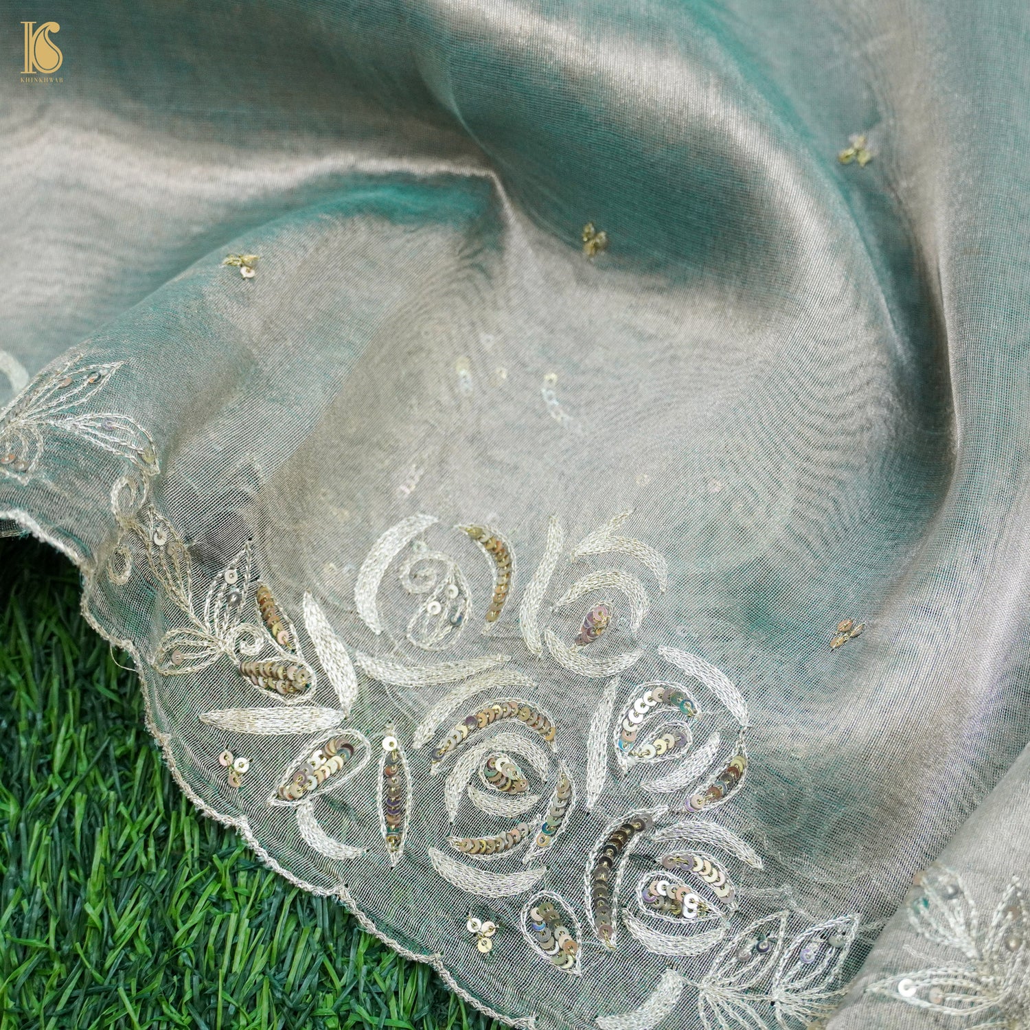 Pure Plain Tissue Silk Handwoven Banarasi Saree with Hand Embriodery - Khinkhwab