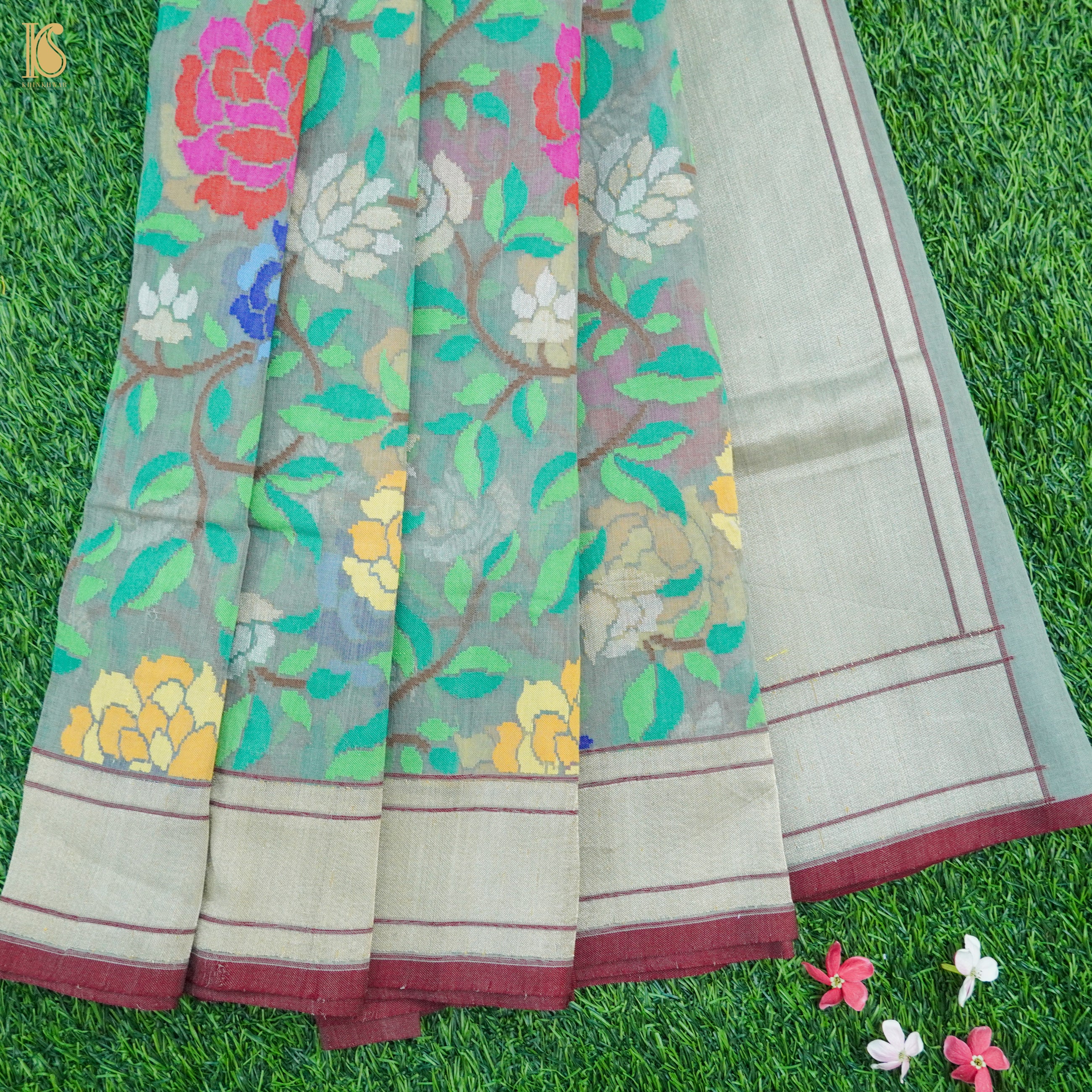Grey Handwoven Pure Cotton Real Silver Zari Banarasi Saree - Khinkhwab