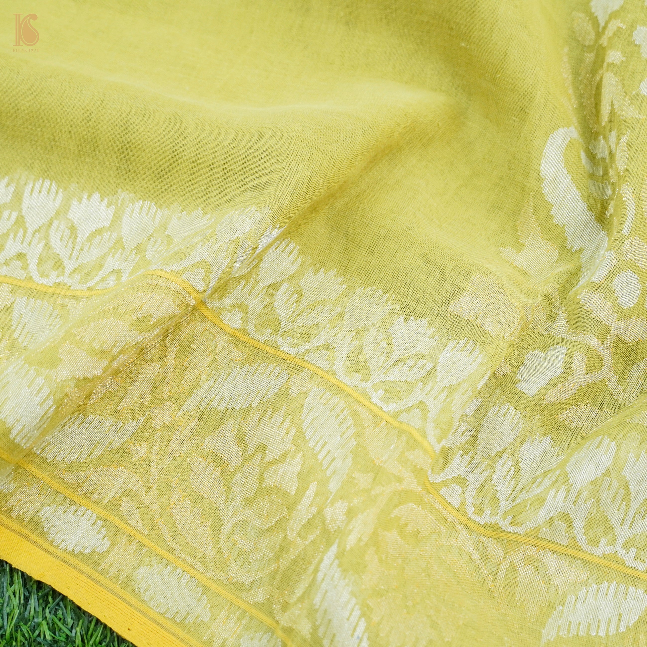 Deco Green Pure Cotton Real Silver Zari Handloom Banarasi Ektara Saree - Khinkhwab