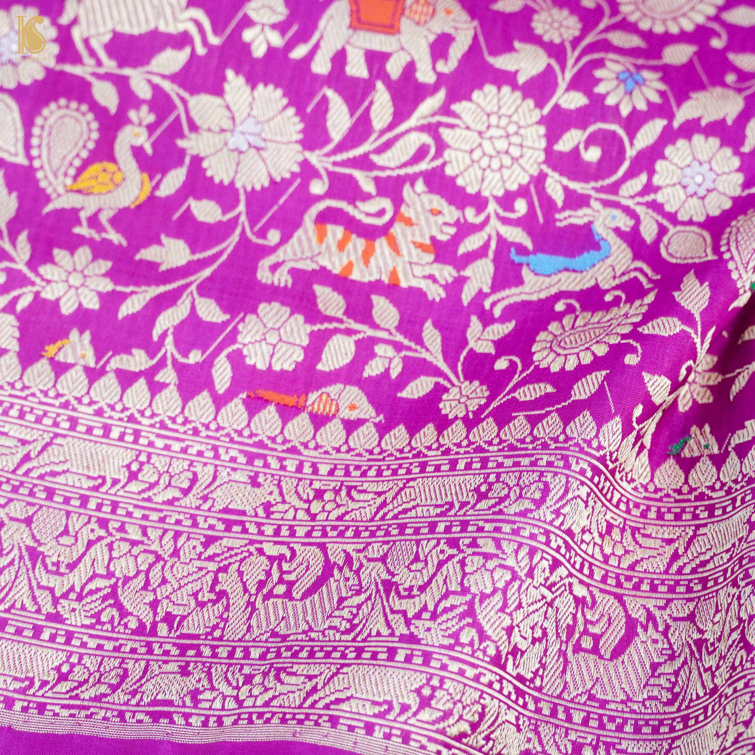 Purple Handloom Katan Silk Banarasi Shikargah Saree - Khinkhwab