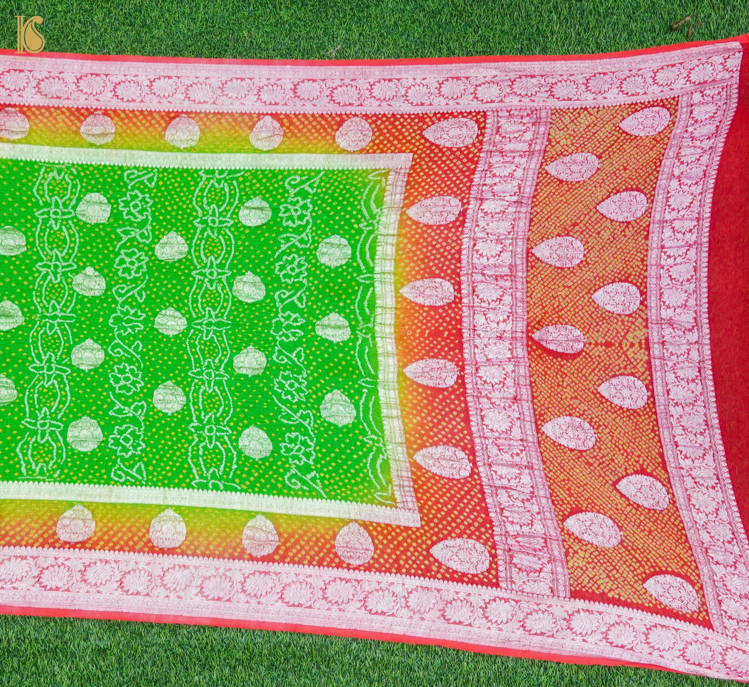 Green & Orange Pure Georgette Handloom Banarasi Bandhani Saree - Khinkhwab