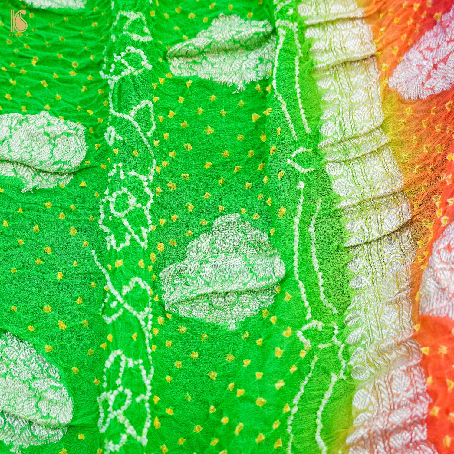 Green & Orange Pure Georgette Handloom Banarasi Bandhani Saree - Khinkhwab