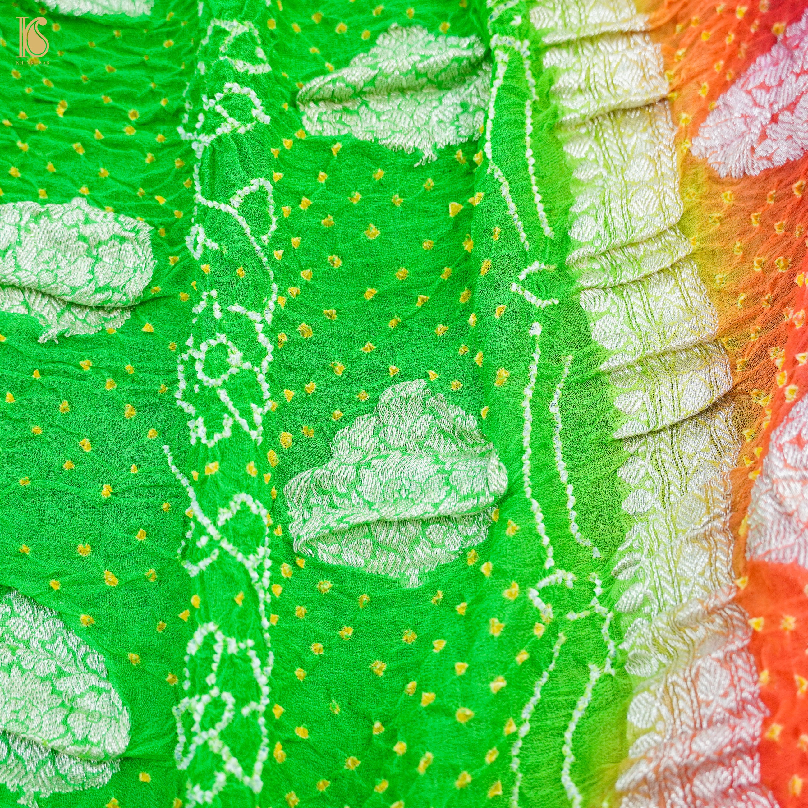 Green & Orange Pure Georgette Handloom Banarasi Bandhani Saree - Khinkhwab