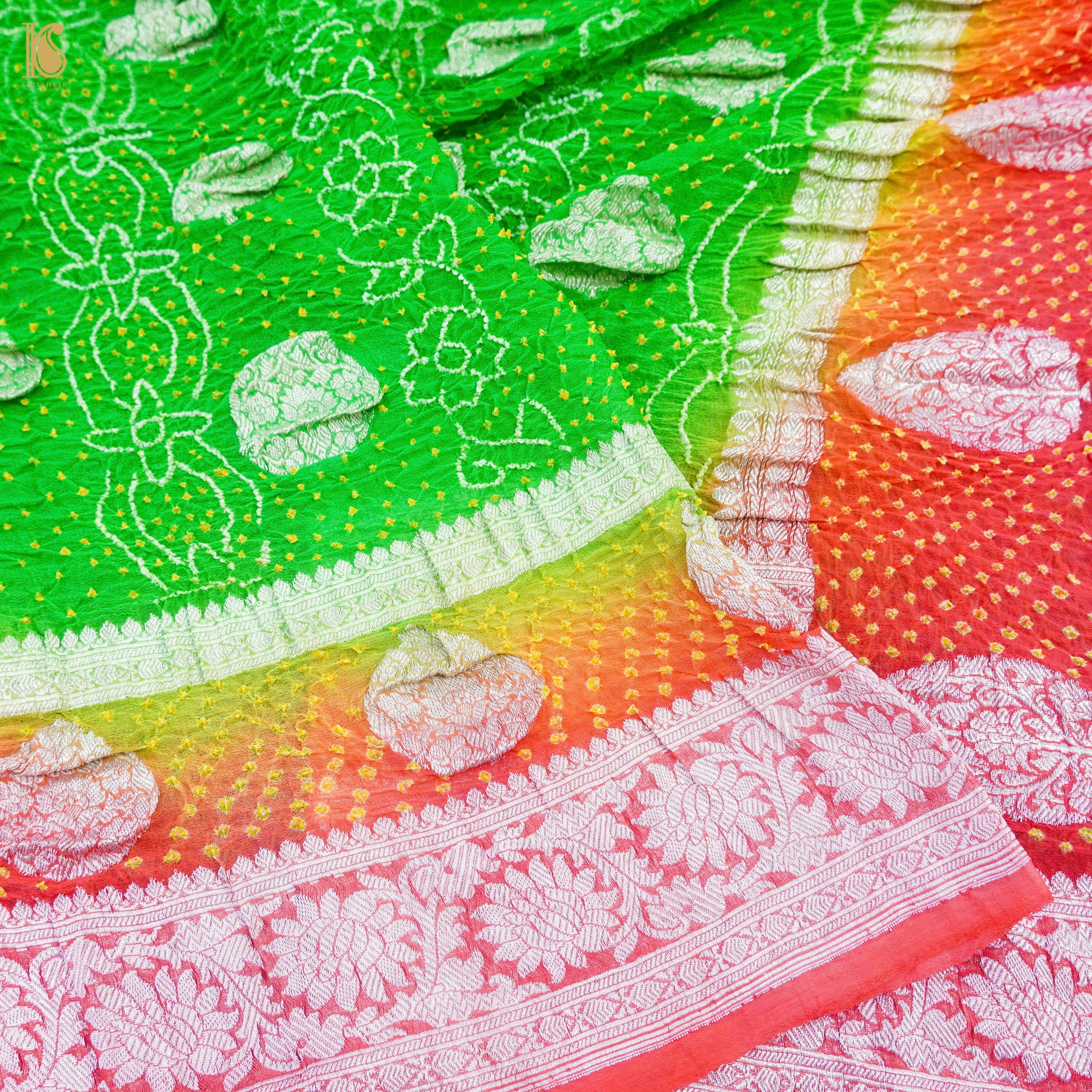 Green & Orange Pure Georgette Handloom Banarasi Bandhani Saree - Khinkhwab