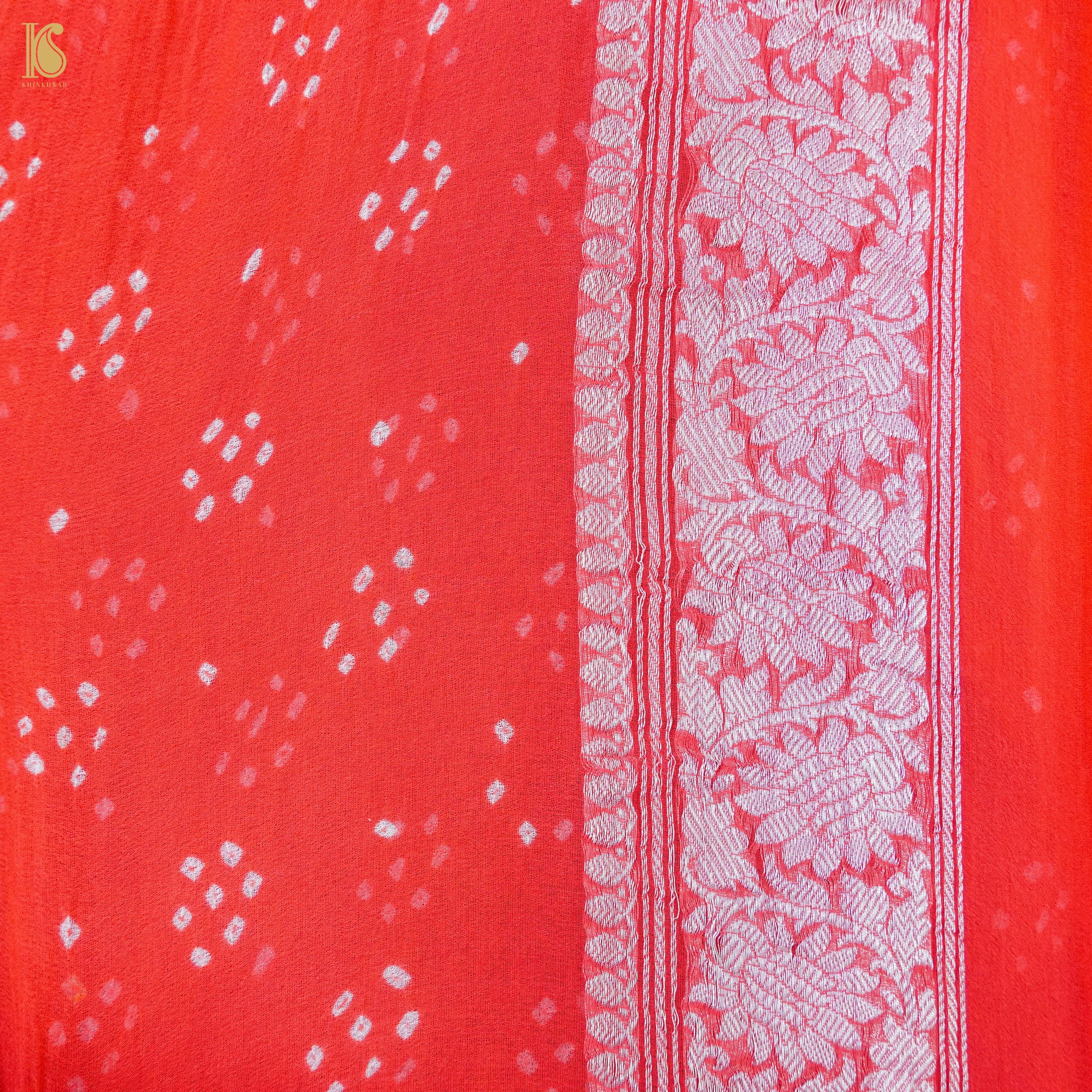Green & Orange Pure Georgette Handloom Banarasi Bandhani Saree - Khinkhwab