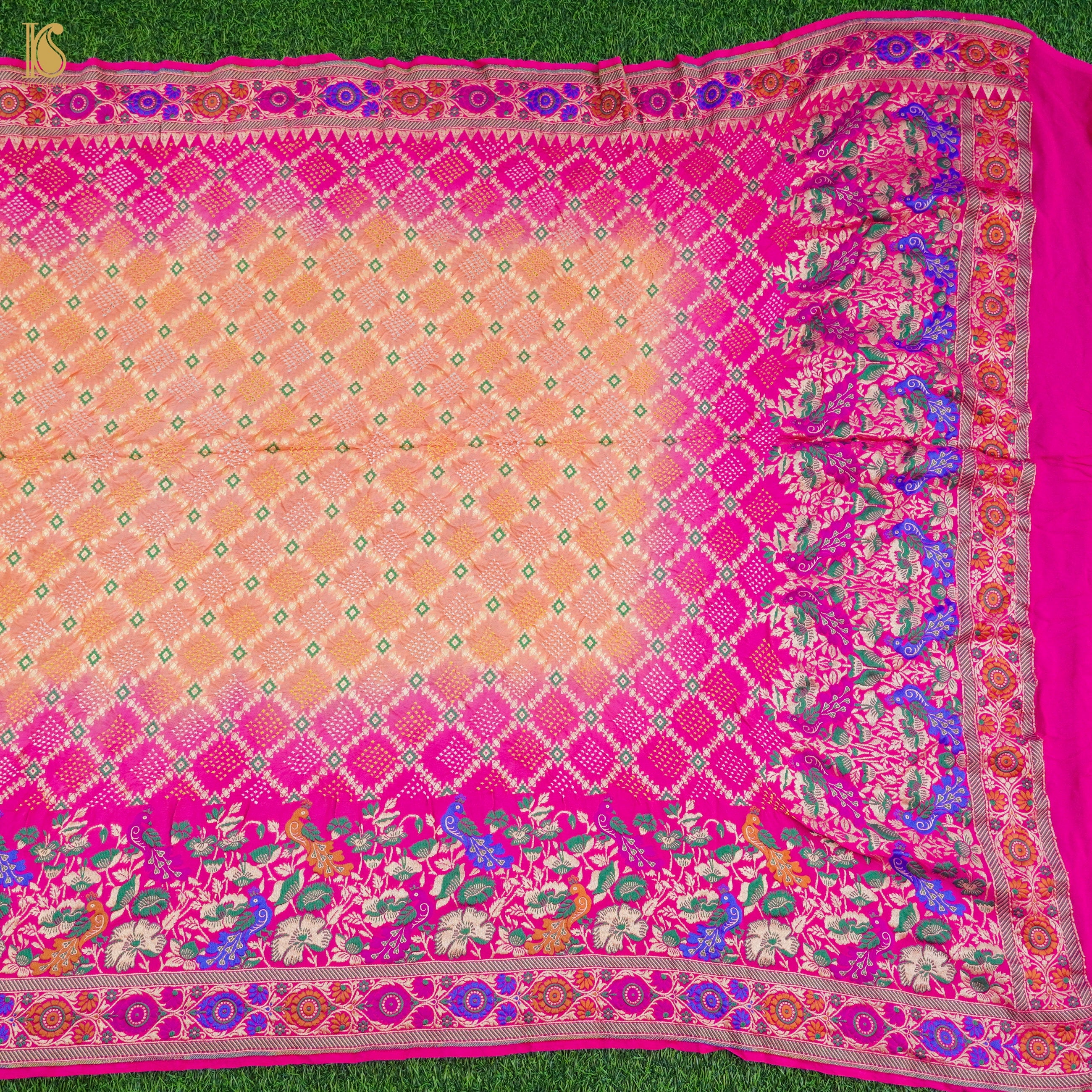 Pink & Orange Banarasi Pure Georgette Shaded Bandhani Saree - Khinkhwab