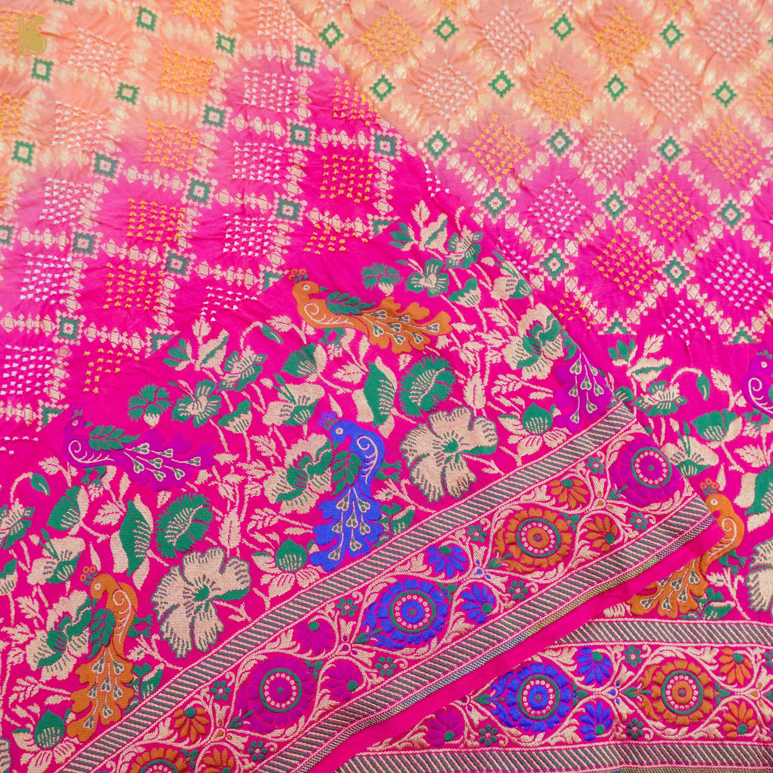 Pink & Orange Banarasi Pure Georgette Shaded Bandhani Saree - Khinkhwab