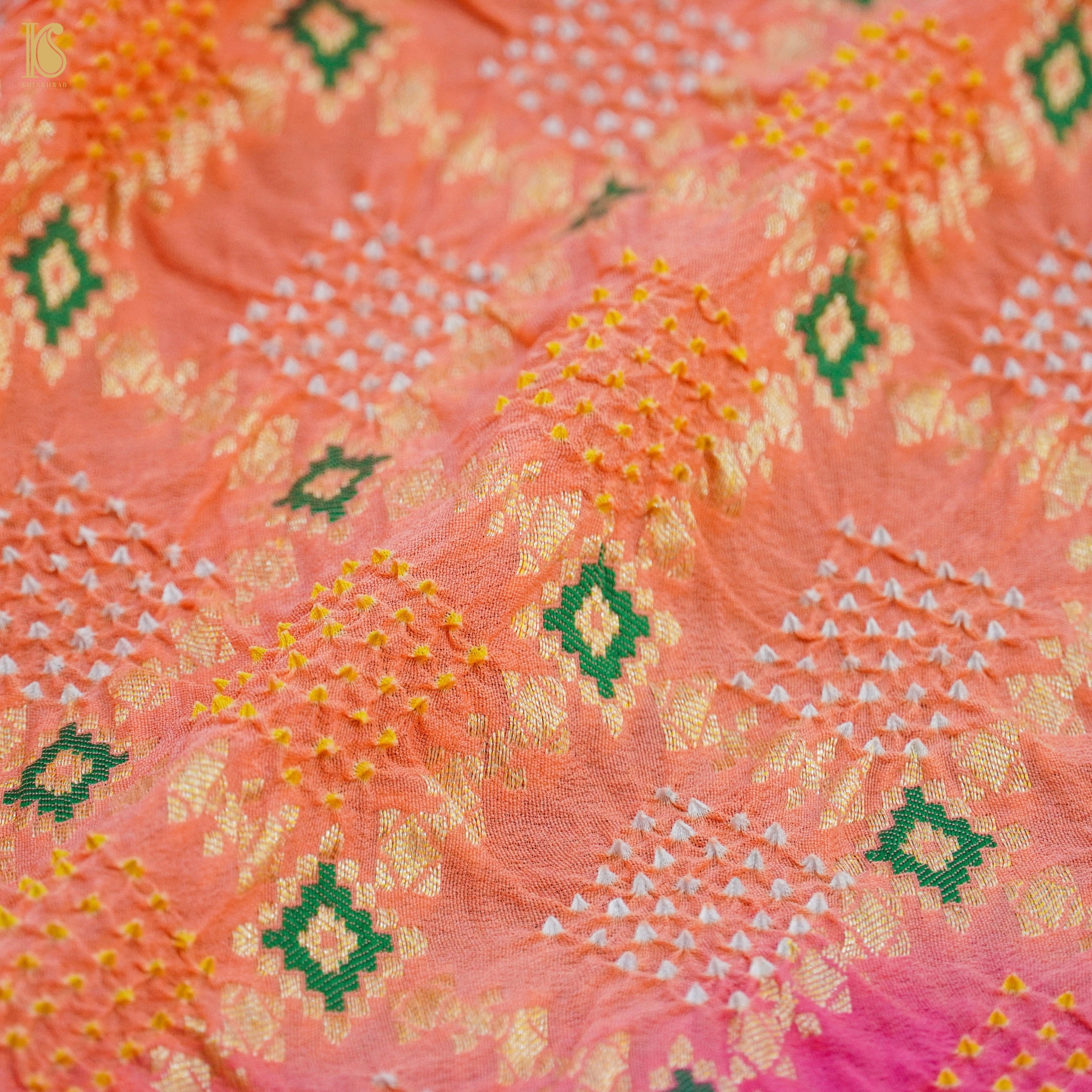 Pink & Orange Banarasi Pure Georgette Shaded Bandhani Saree - Khinkhwab