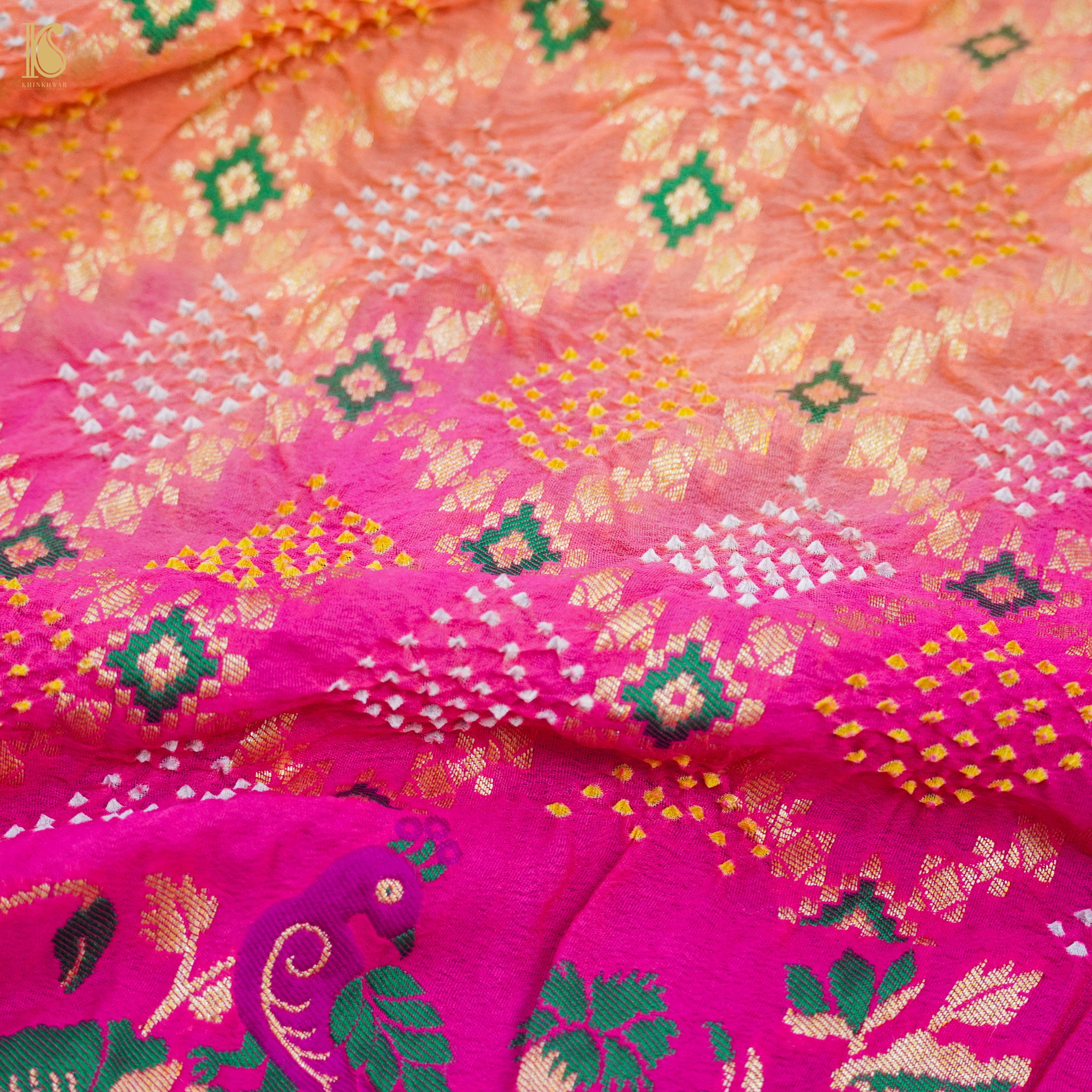 Pink & Orange Banarasi Pure Georgette Shaded Bandhani Saree - Khinkhwab