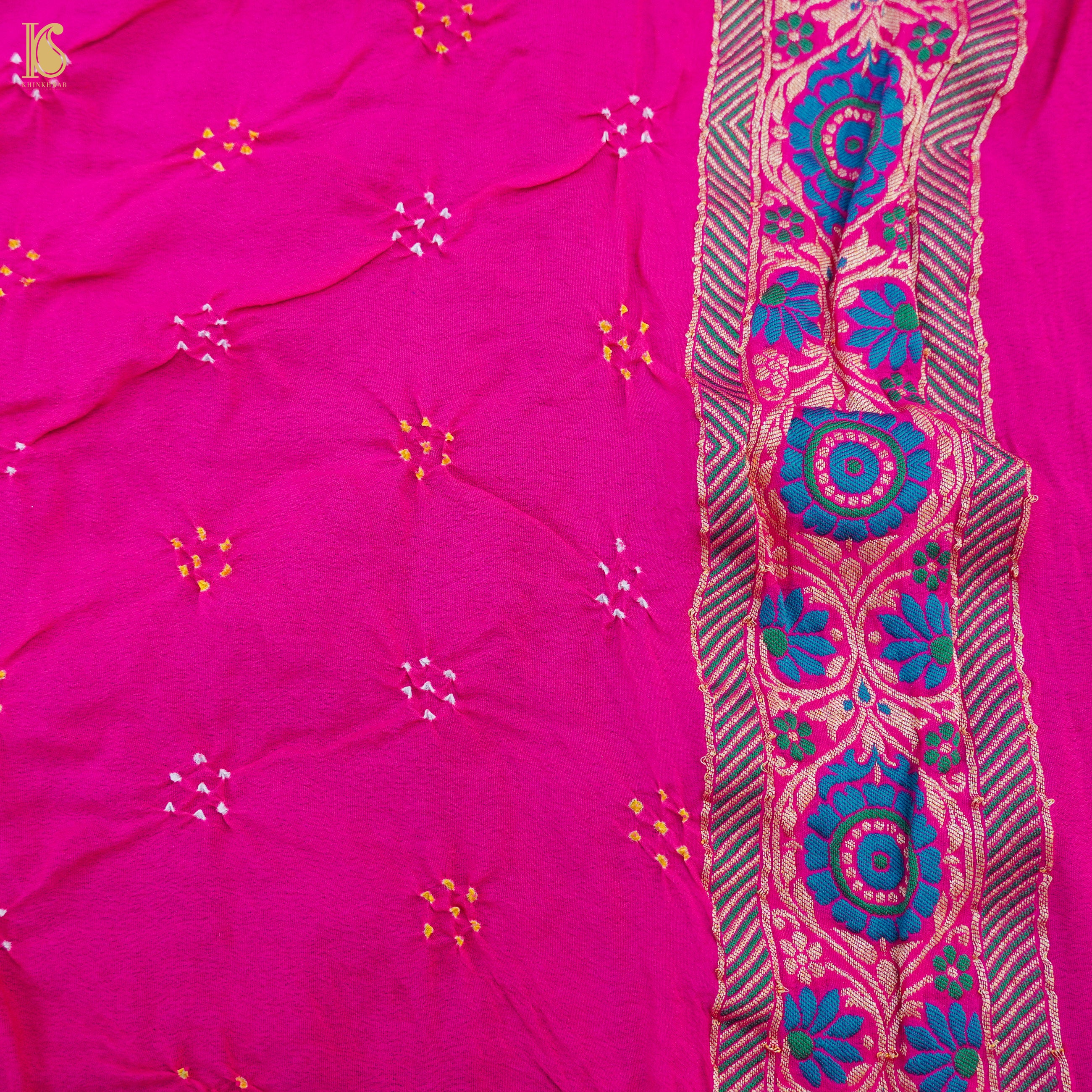 Pink & Orange Banarasi Pure Georgette Shaded Bandhani Saree - Khinkhwab
