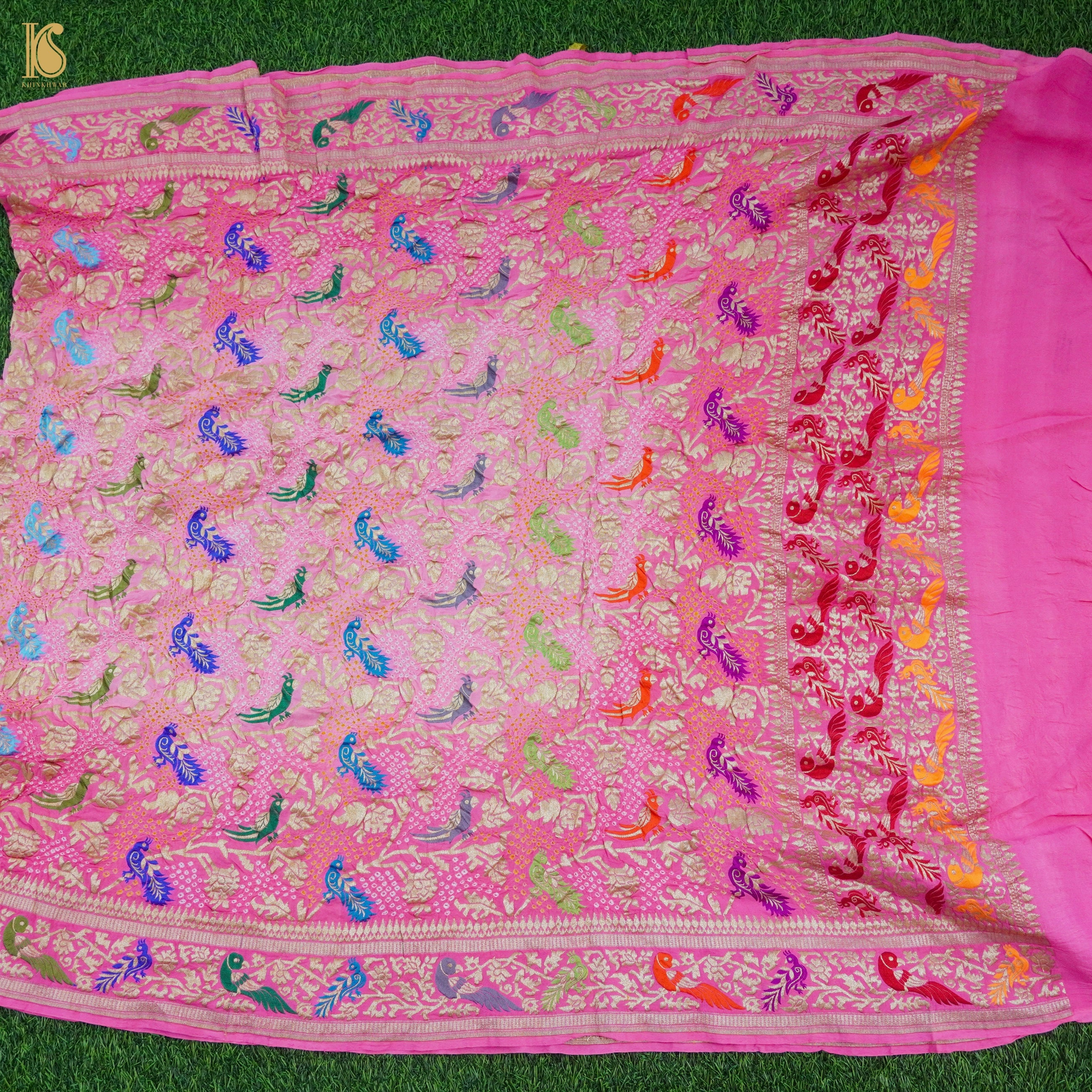 Pink Pure Georgette Handloom Banarasi Birds of Paradise Bandhani Dupatta - Khinkhwab