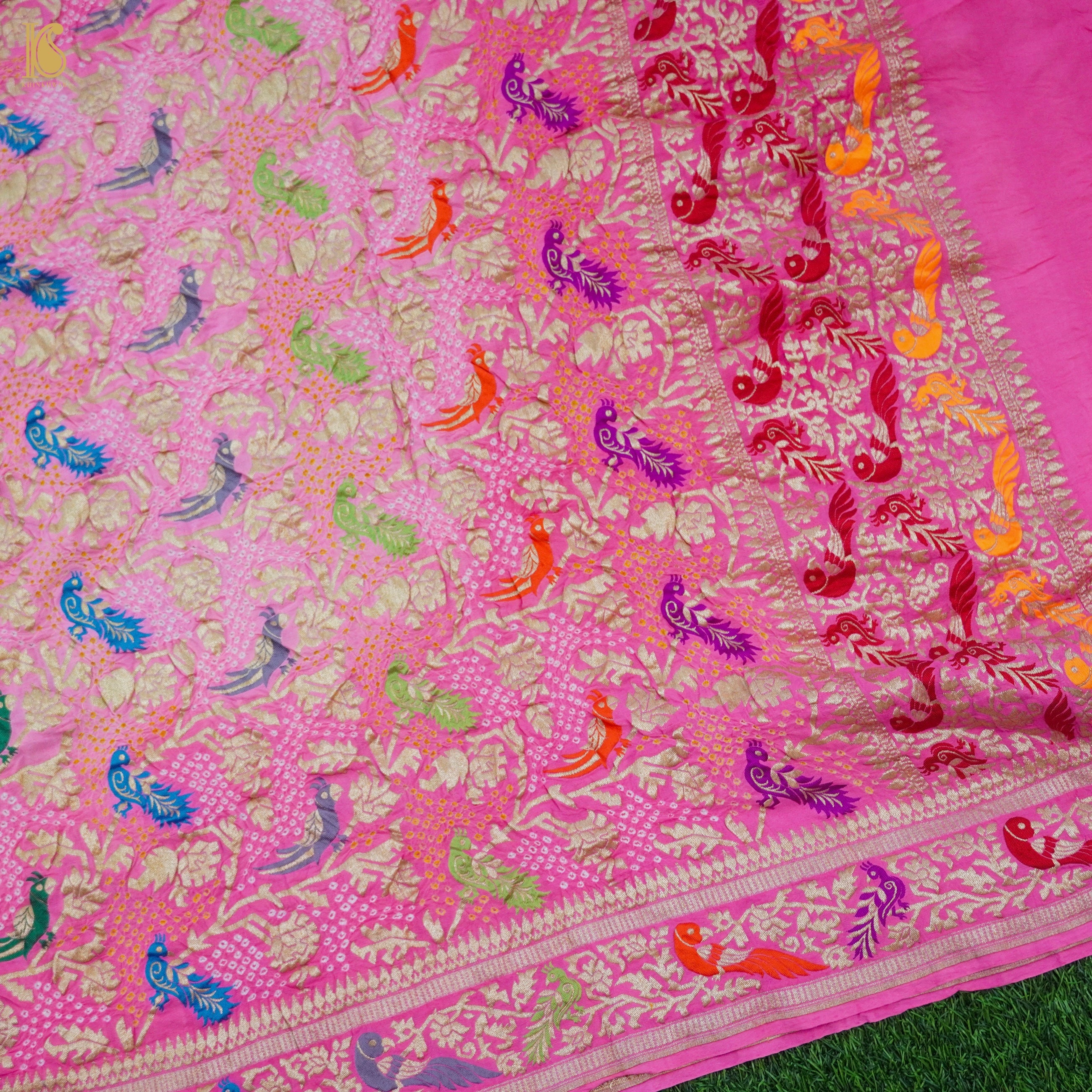 Pink Pure Georgette Handloom Banarasi Birds of Paradise Bandhani Dupatta - Khinkhwab
