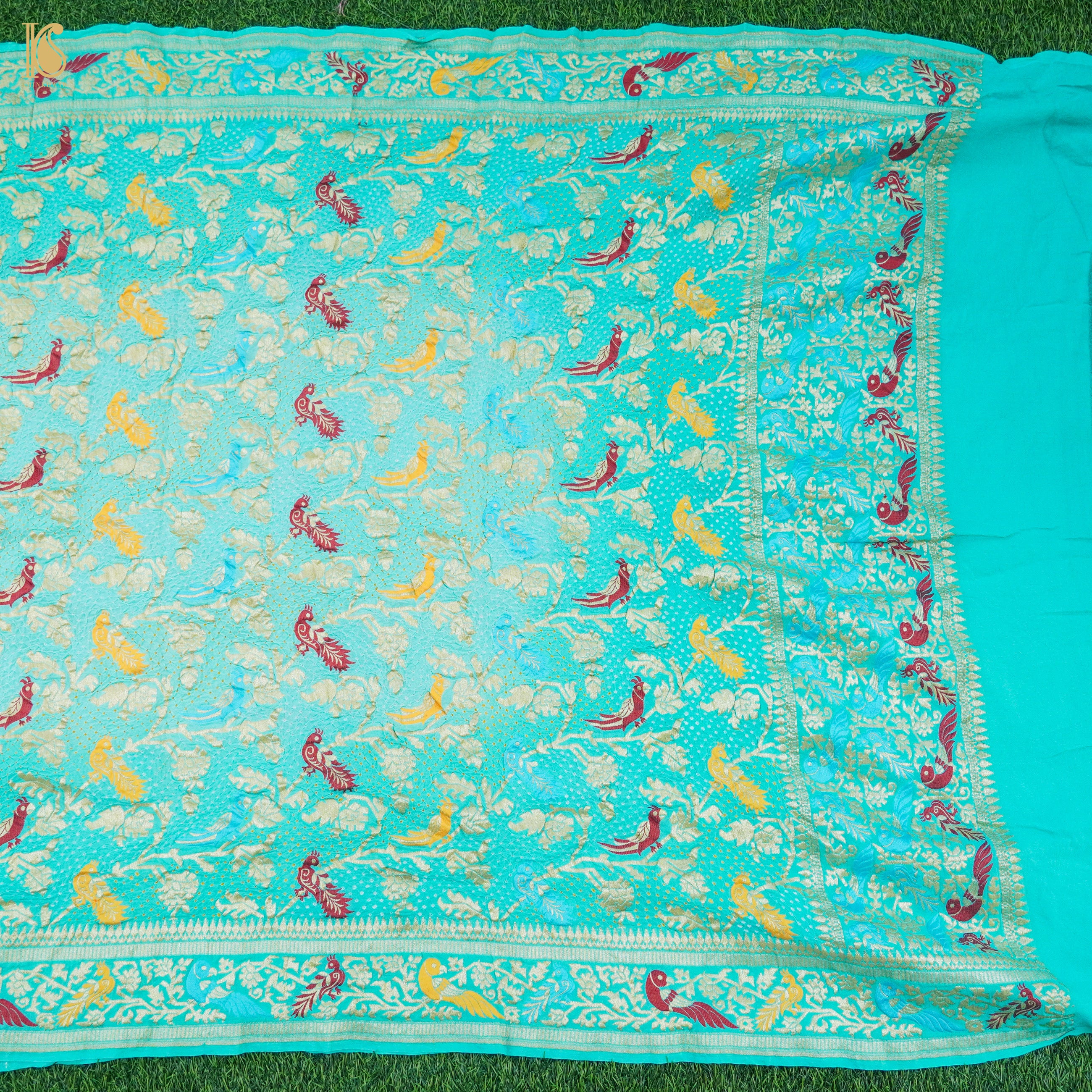 Turquoise Pure Georgette Handloom Banarasi Birds of Paradise Bandhani Dupatta - Khinkhwab