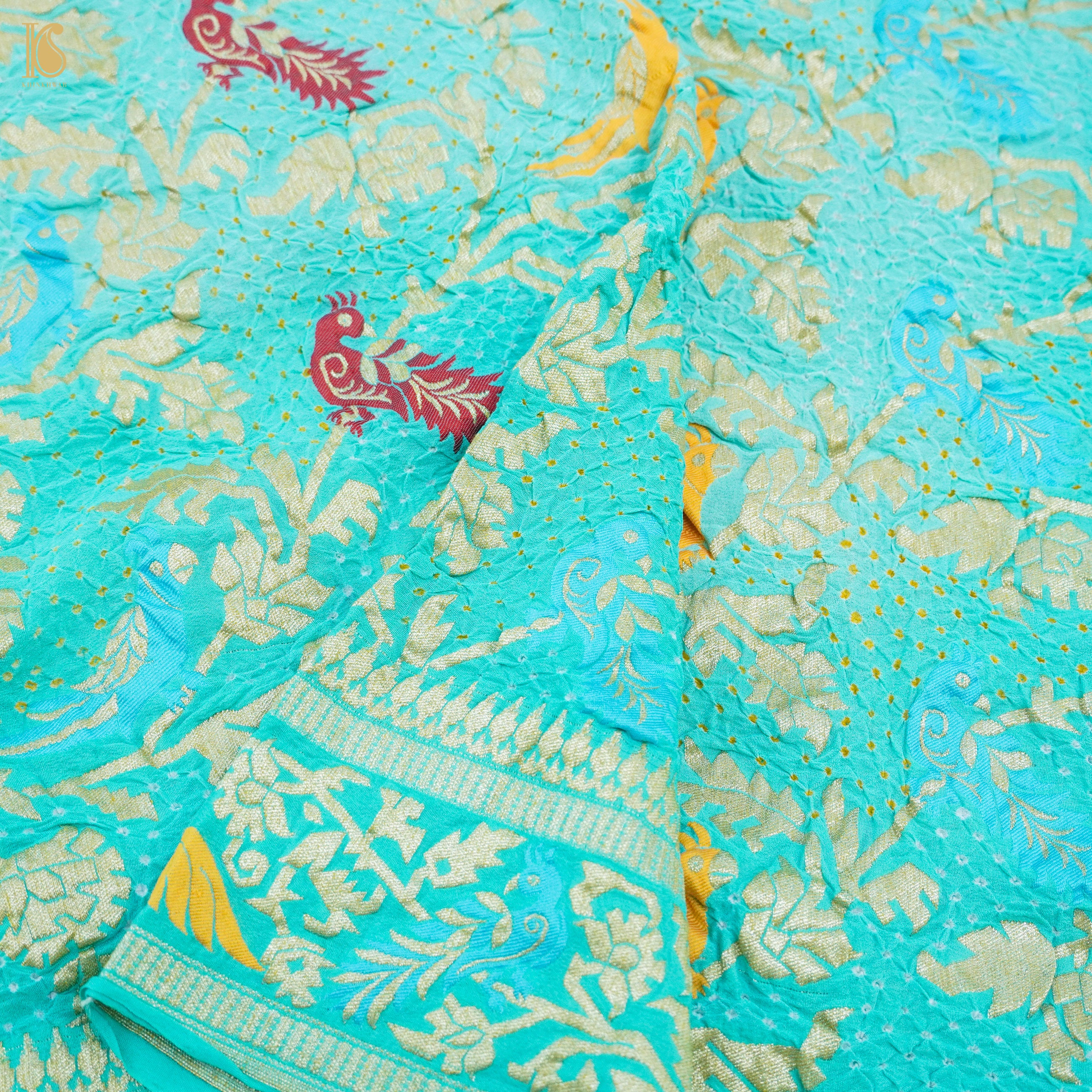 Turquoise Pure Georgette Handloom Banarasi Birds of Paradise Bandhani Dupatta - Khinkhwab