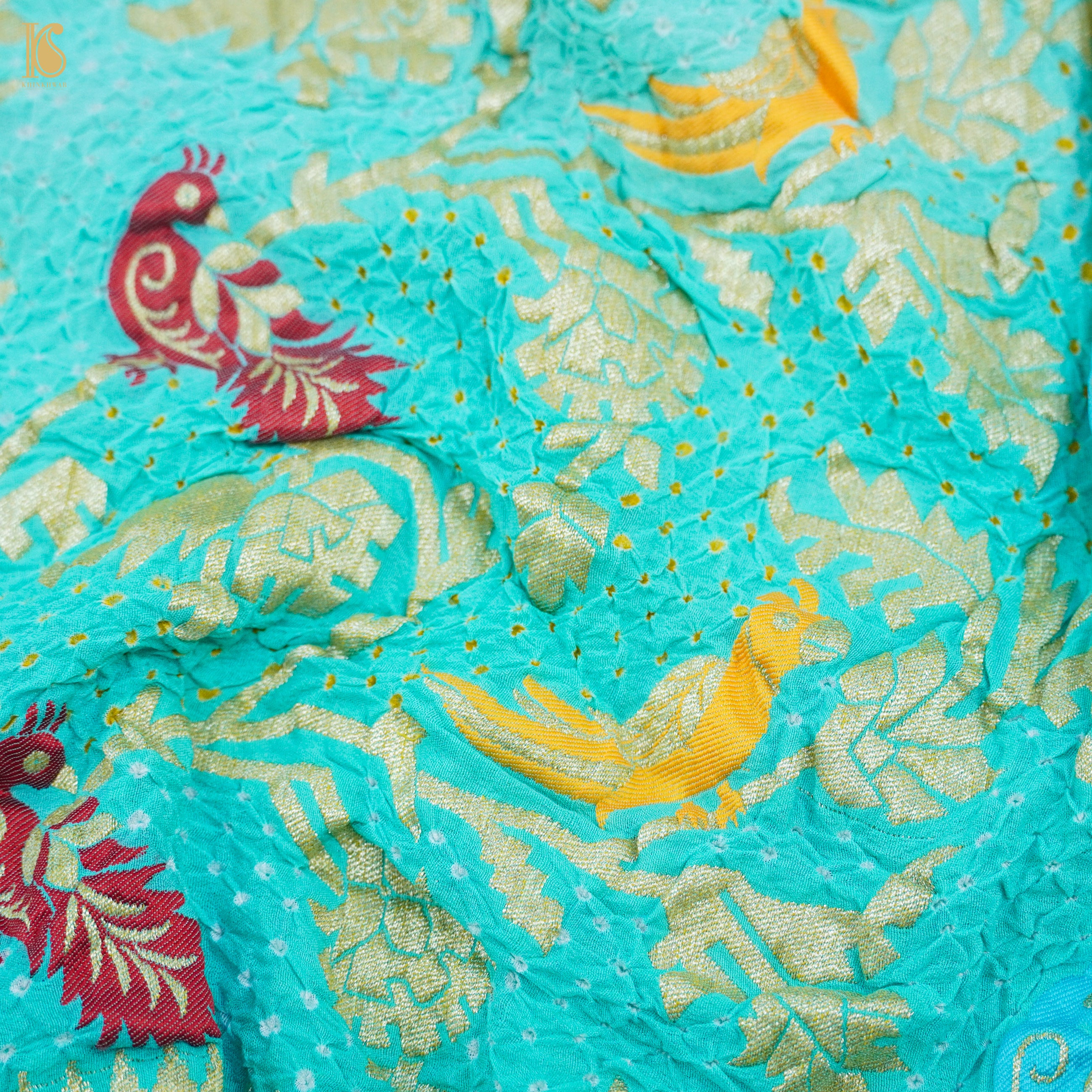Turquoise Pure Georgette Handloom Banarasi Birds of Paradise Bandhani Dupatta - Khinkhwab