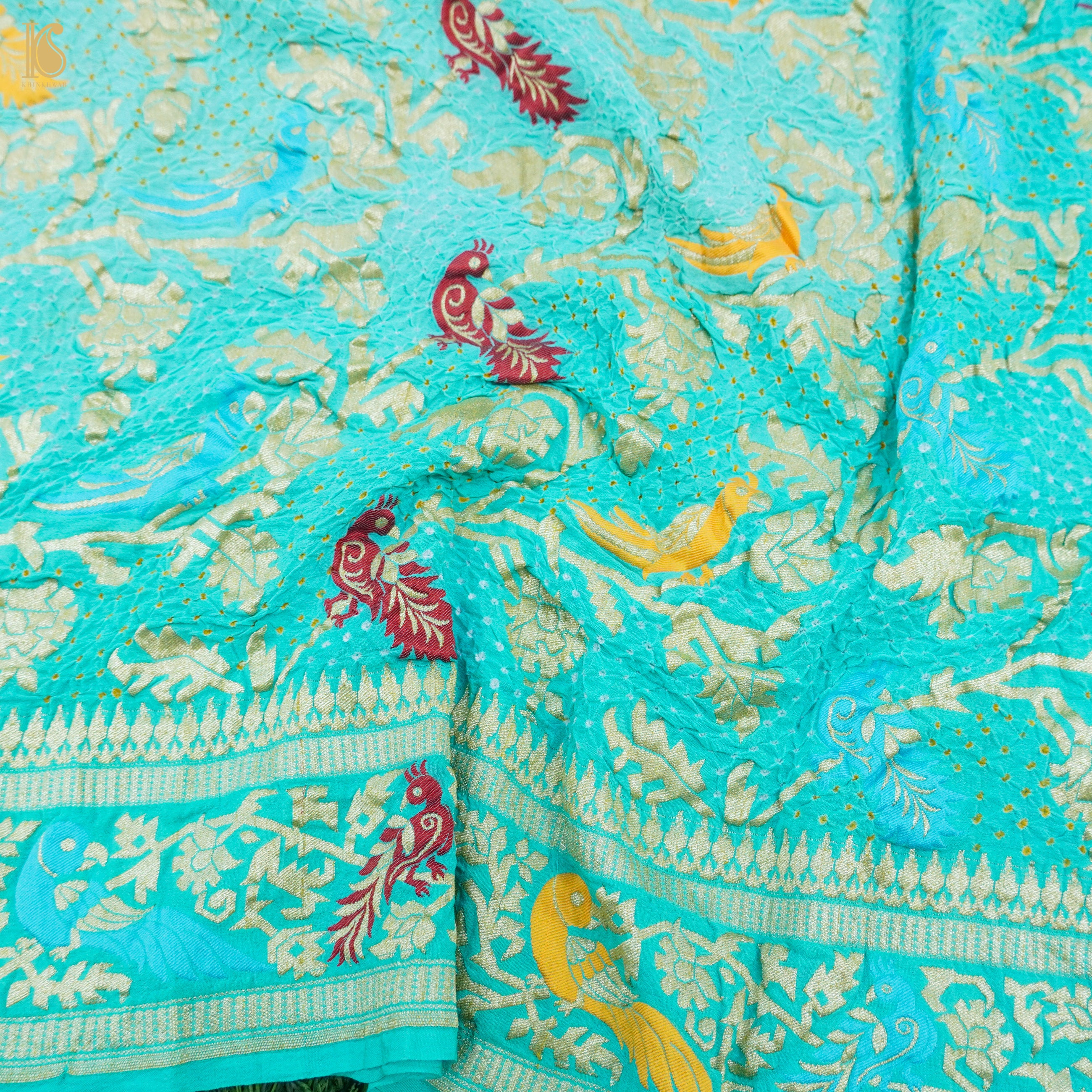 Turquoise Pure Georgette Handloom Banarasi Birds of Paradise Bandhani Dupatta - Khinkhwab