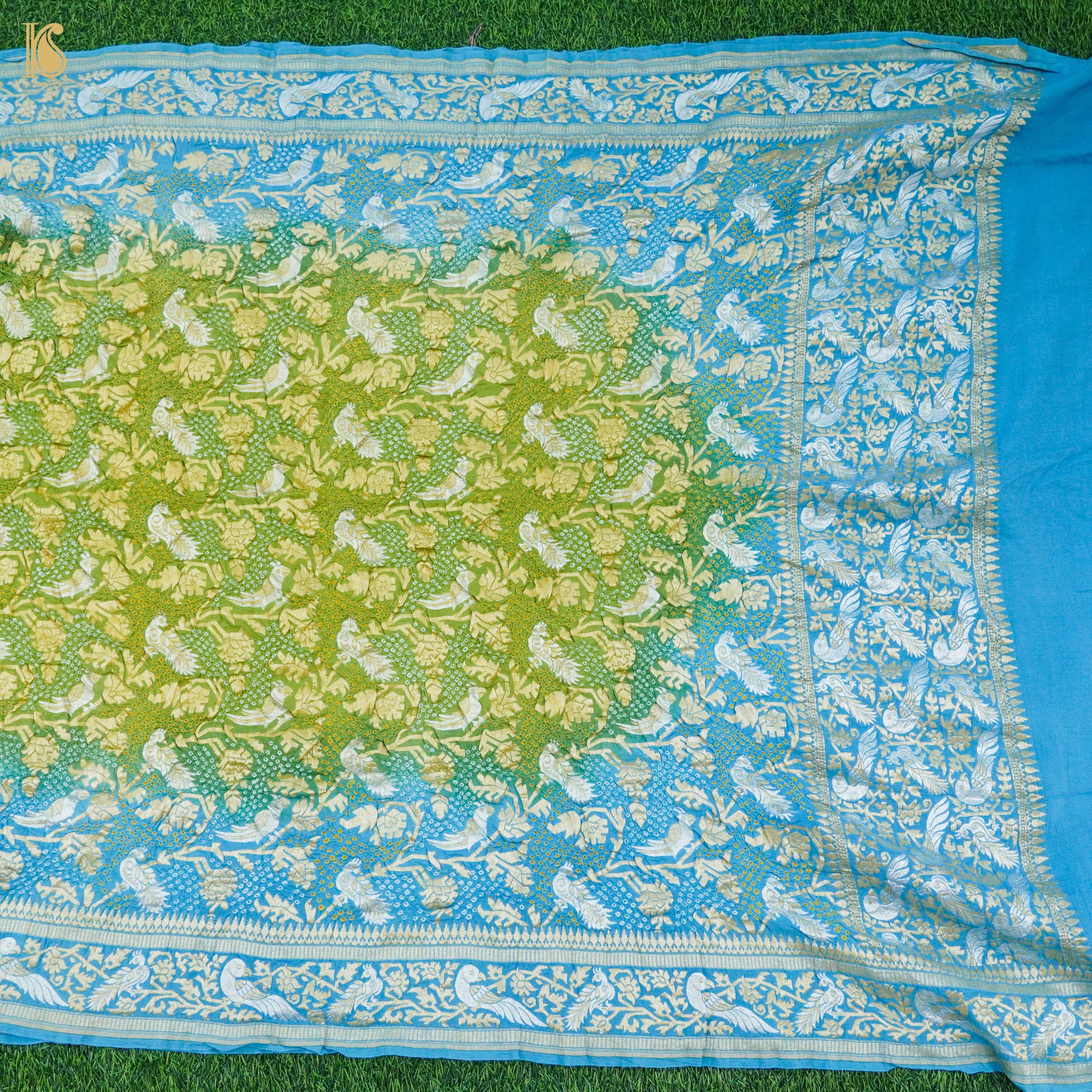 Blue & Green Pure Georgette Handloom Banarasi Birds of Paradise Bandhani Dupatta - Khinkhwab