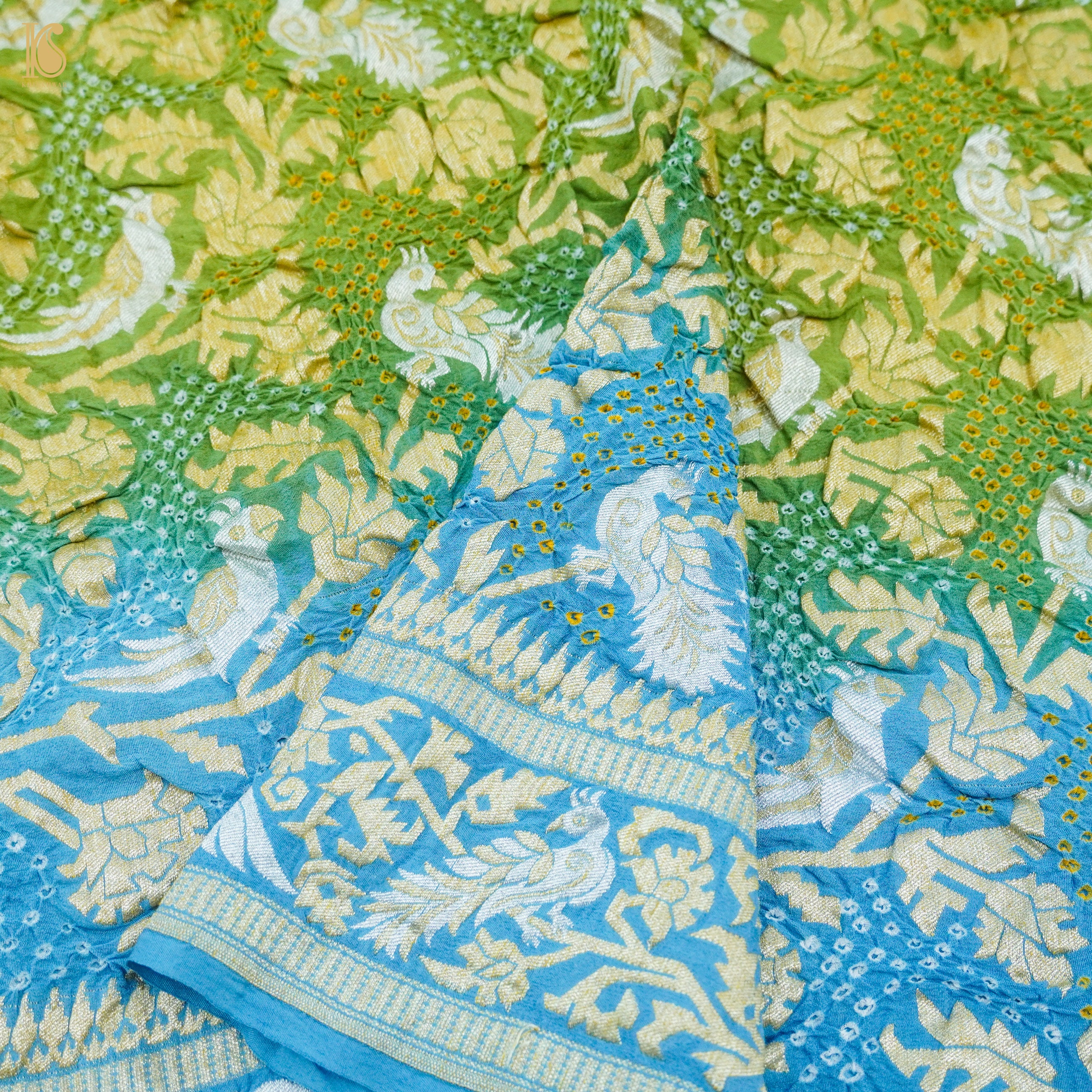 Blue & Green Pure Georgette Handloom Banarasi Birds of Paradise Bandhani Dupatta - Khinkhwab