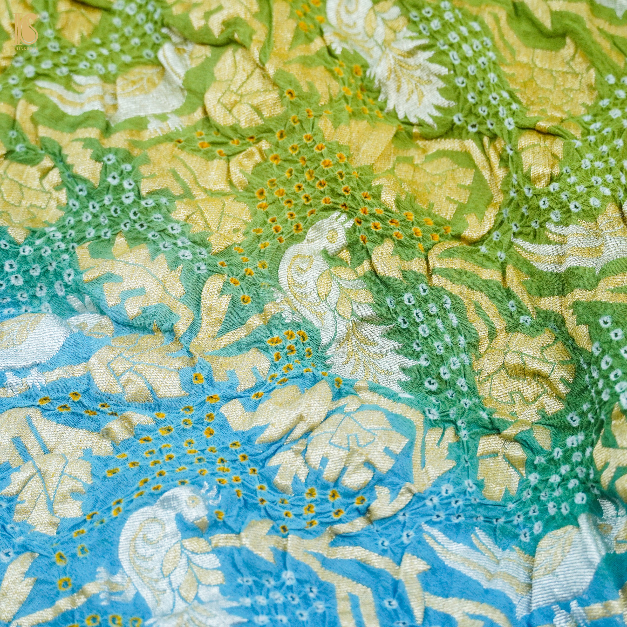 Blue & Green Pure Georgette Handloom Banarasi Birds of Paradise Bandhani Dupatta - Khinkhwab