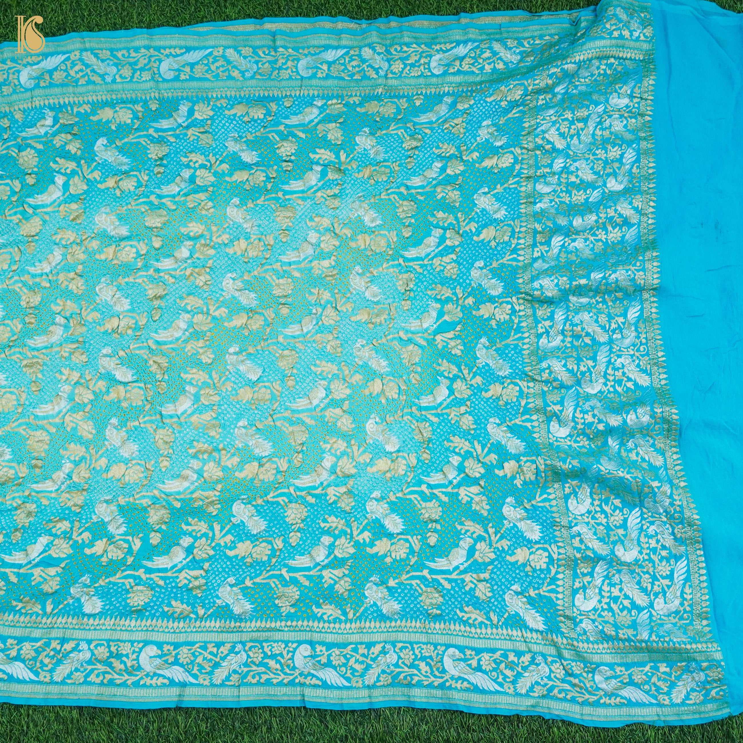 Blue Pure Georgette Handloom Banarasi Birds of Paradise Bandhani Dupatta - Khinkhwab