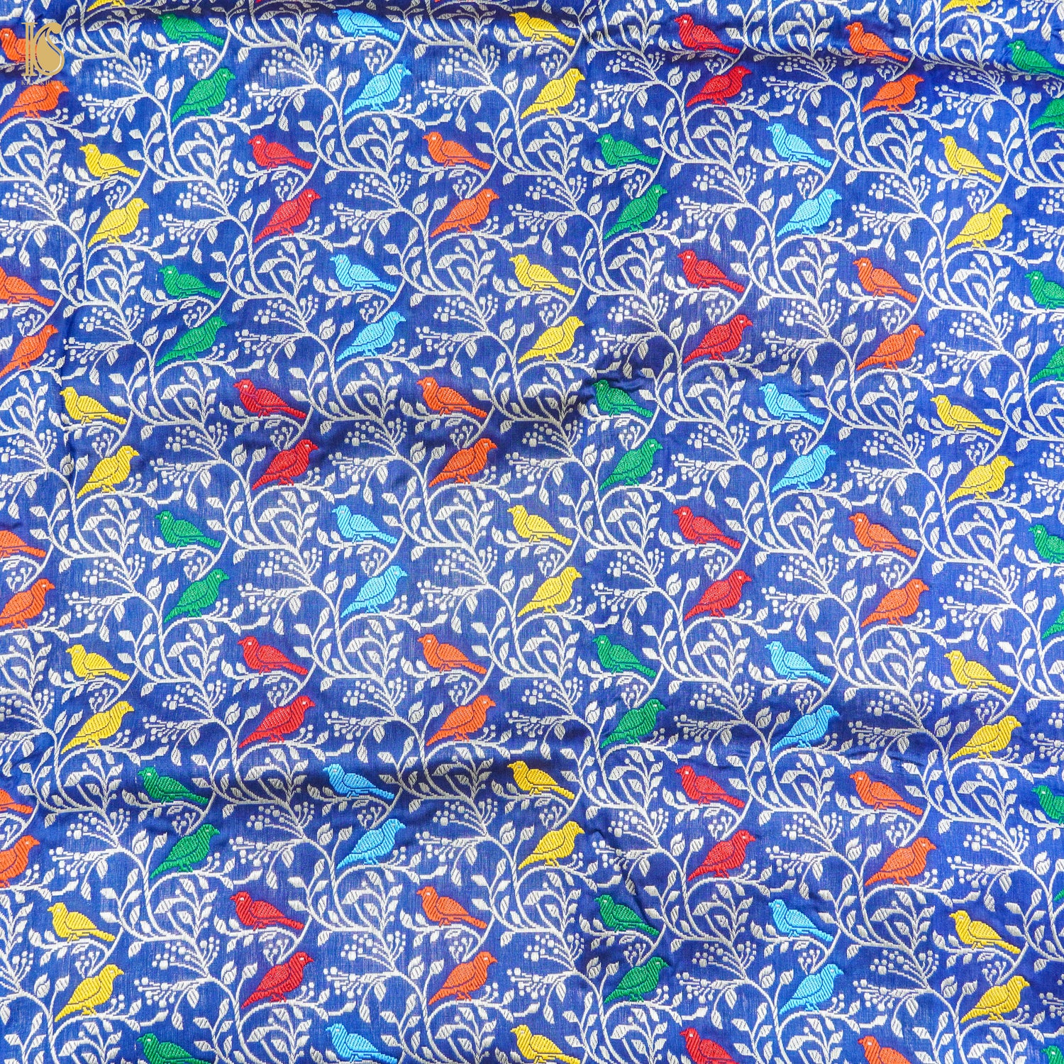 Handwoven Blue Pure Katan Silk Banarasi Chidiya Fabric - Khinkhwab