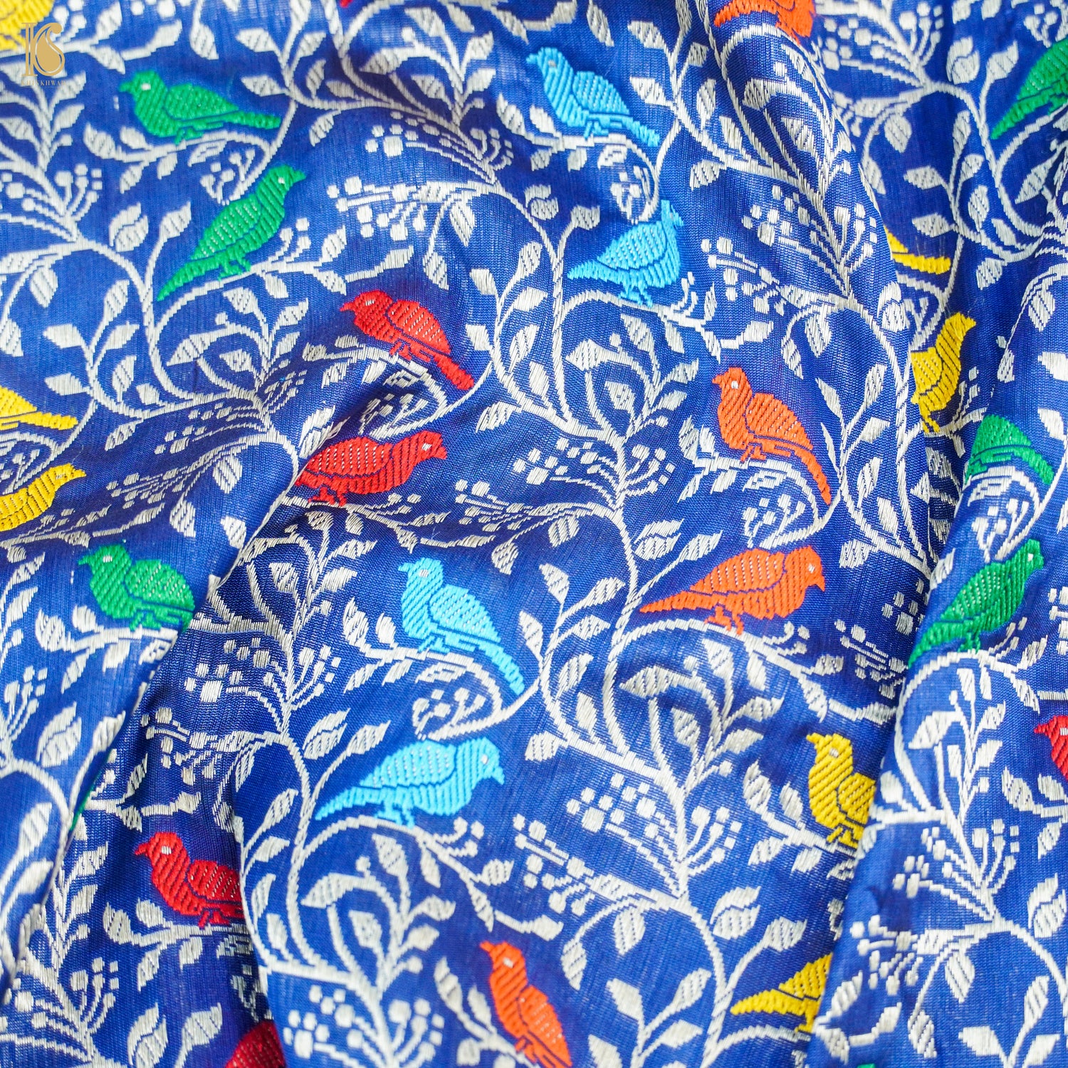 Handwoven Blue Pure Katan Silk Banarasi Chidiya Fabric - Khinkhwab