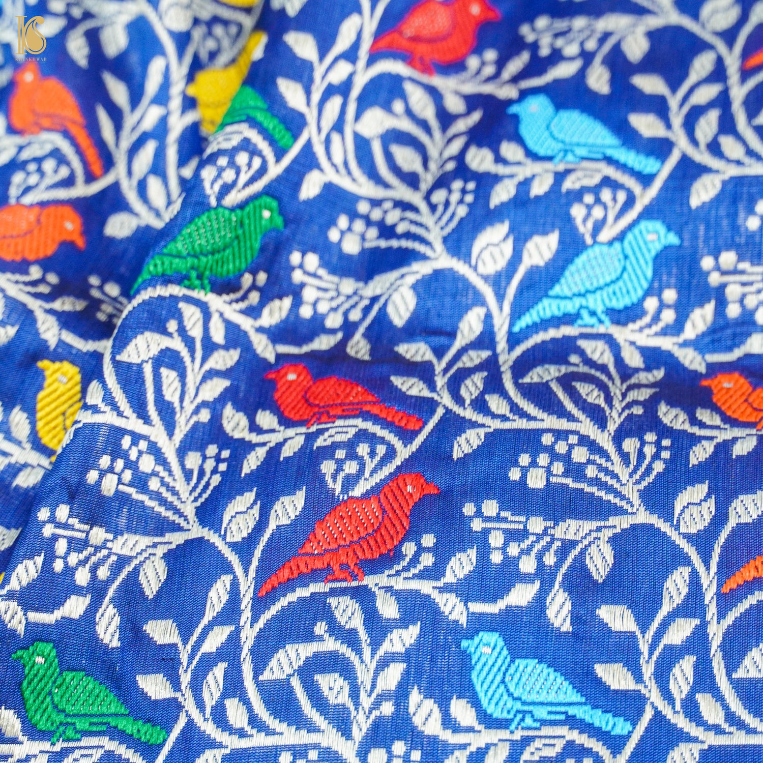 Handwoven Blue Pure Katan Silk Banarasi Chidiya Fabric - Khinkhwab