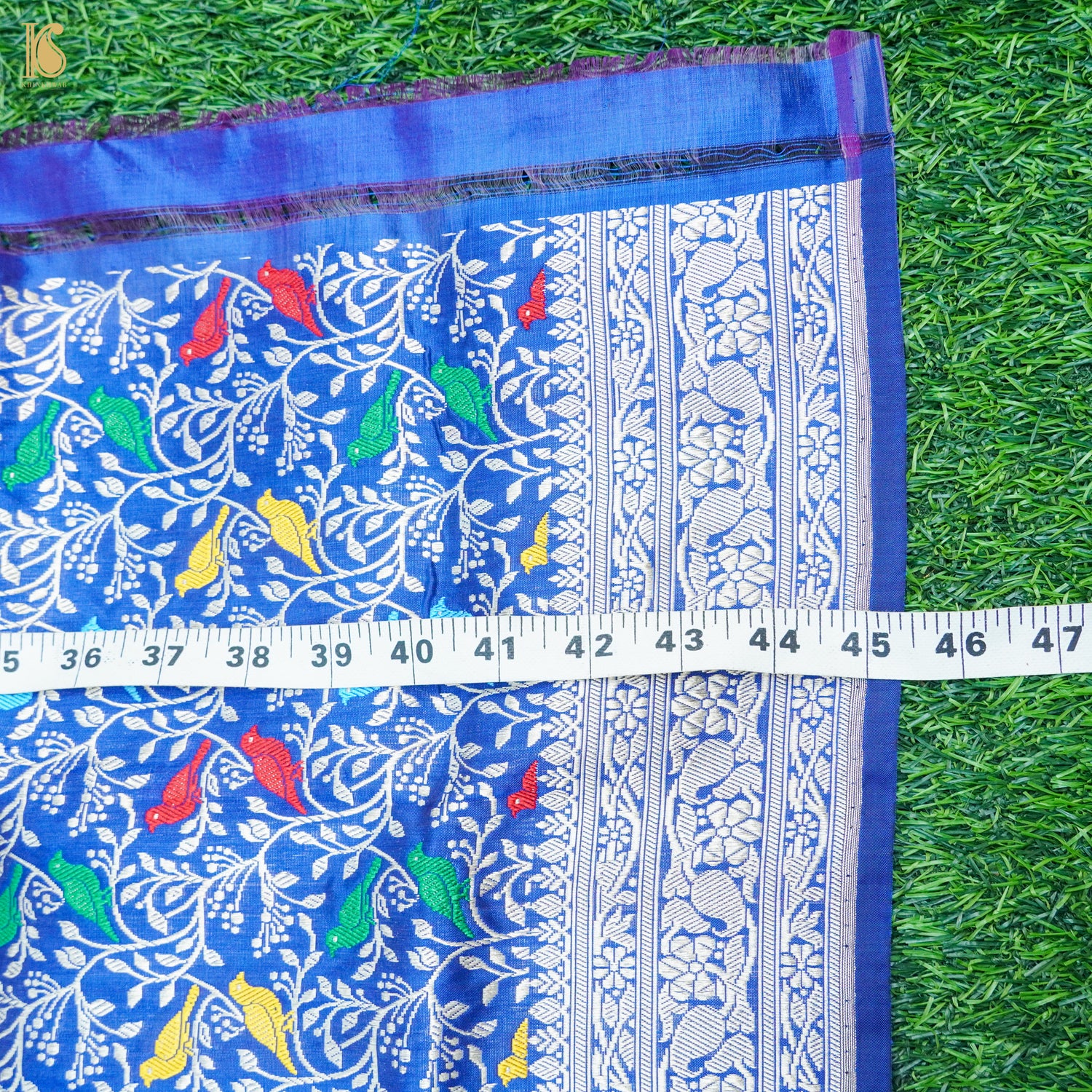 Handwoven Blue Pure Katan Silk Banarasi Chidiya Fabric - Khinkhwab
