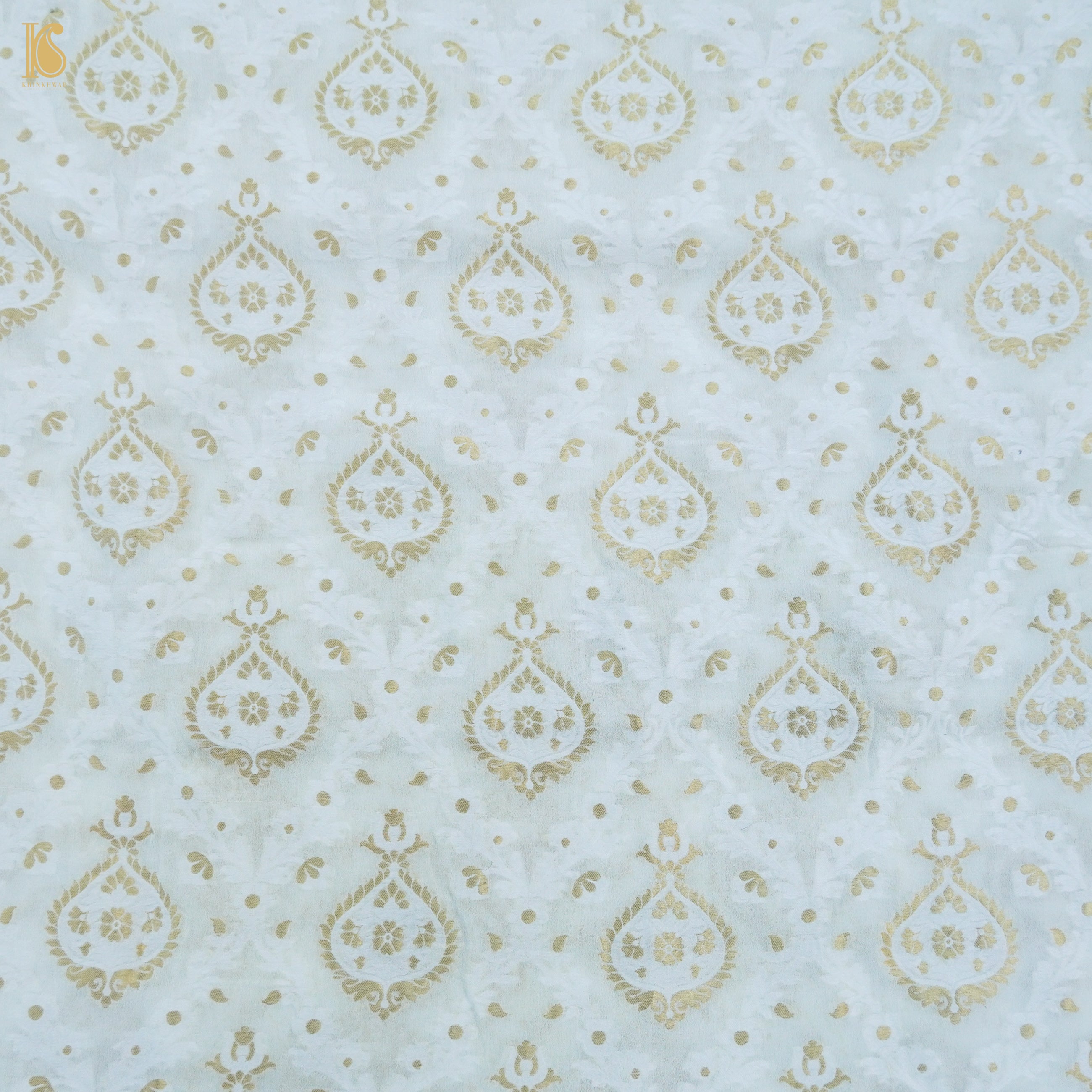 Handwoven White Pure Cotton Silk Banarasi Dyeable Fabric - Khinkhwab