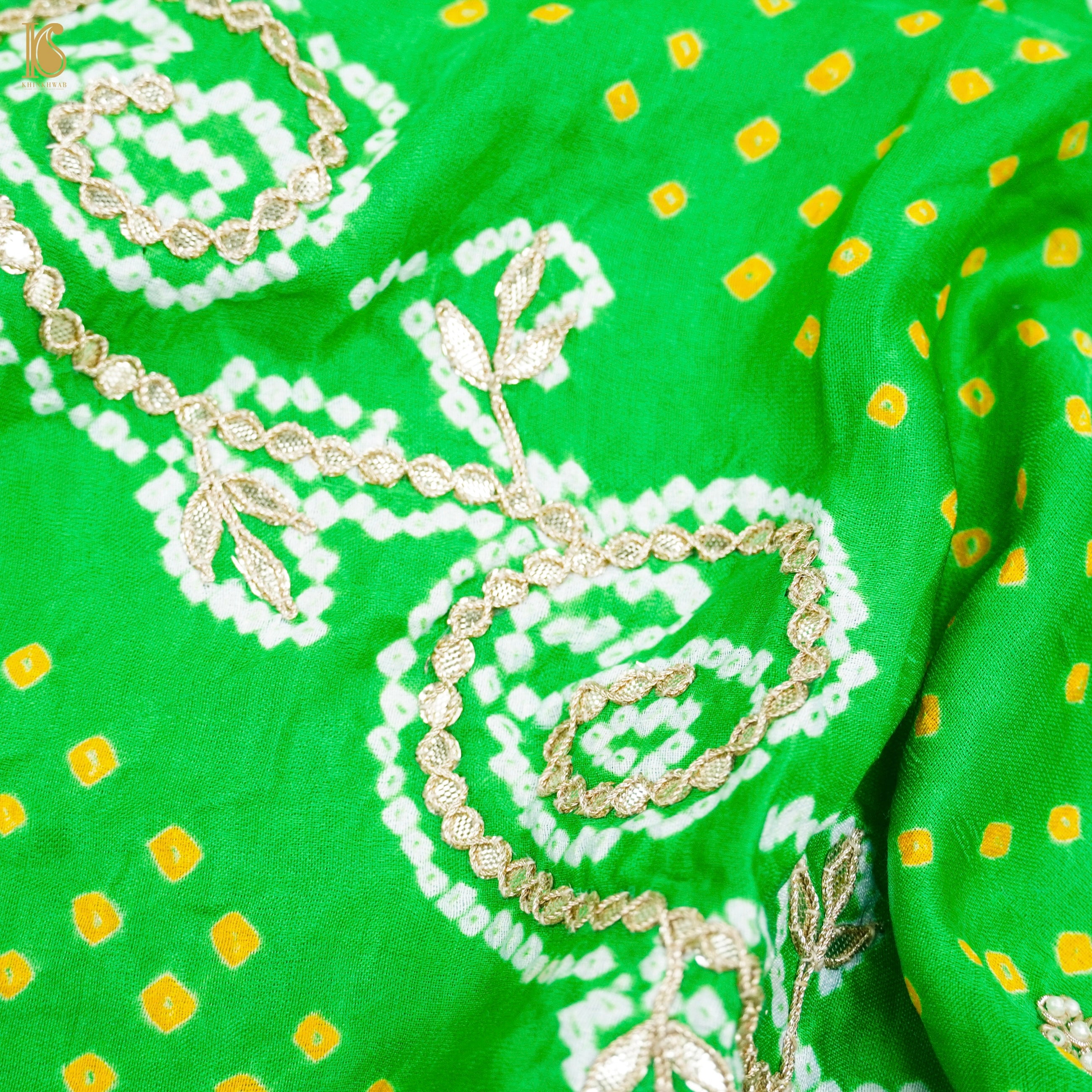 Green Pure Gajji Silk Bandhani Gotta Patti Work Dupatta - Khinkhwab