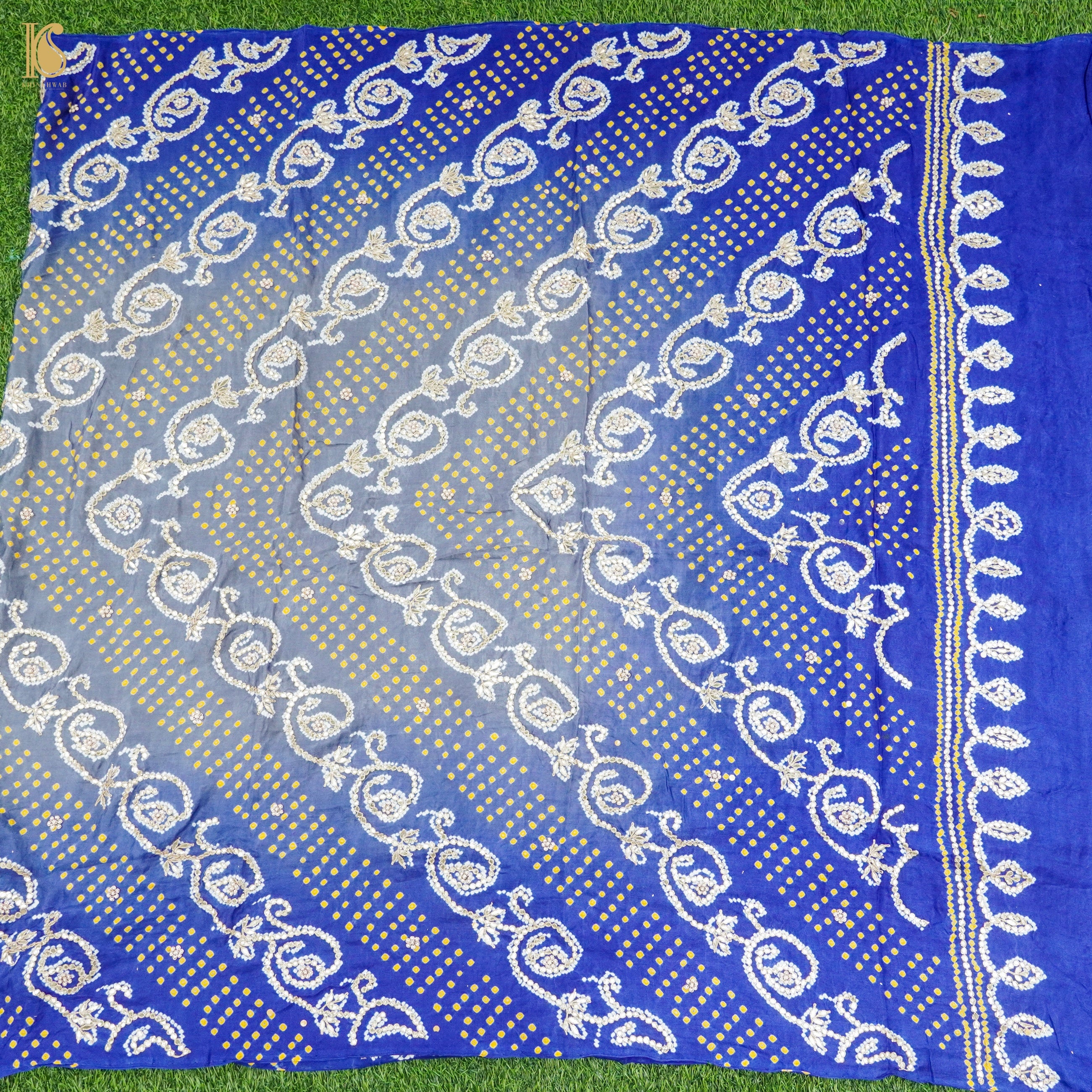 Blue & Grey Pure Gajji Silk Bandhani Gotta Patti Work Dupatta - Khinkhwab