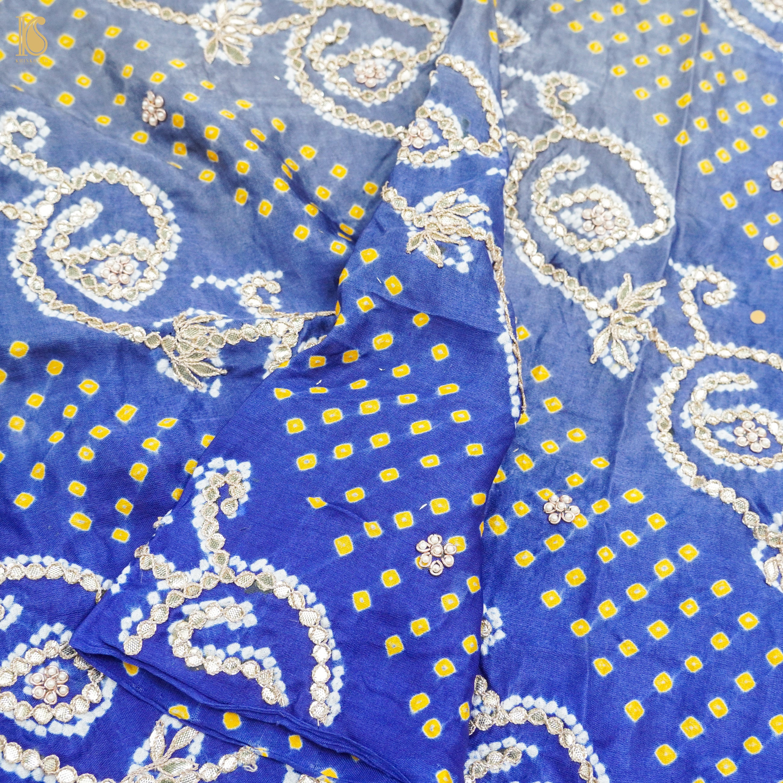 Blue & Grey Pure Gajji Silk Bandhani Gotta Patti Work Dupatta - Khinkhwab