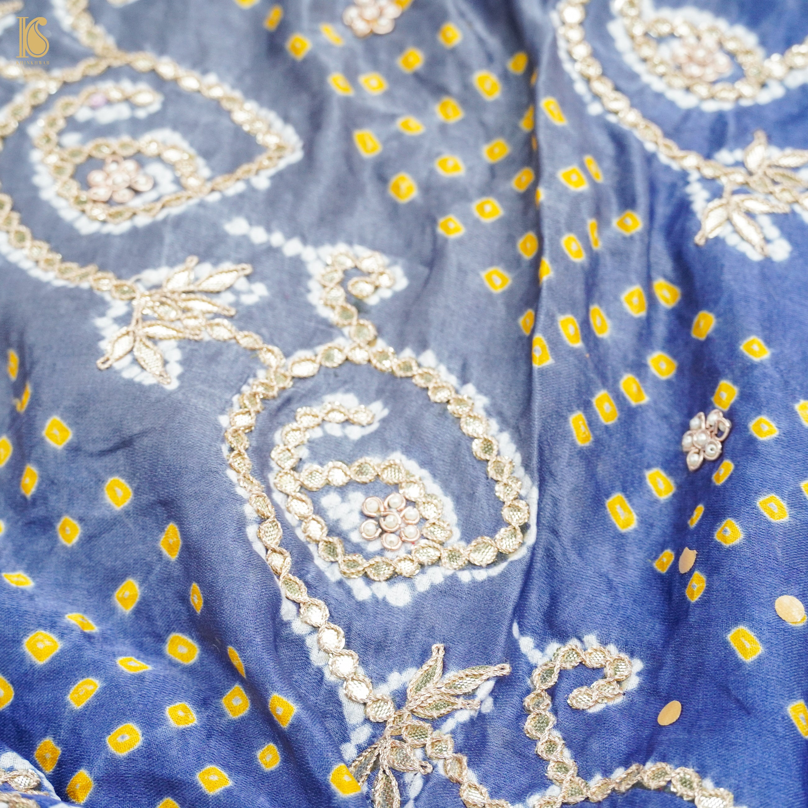 Blue & Grey Pure Gajji Silk Bandhani Gotta Patti Work Dupatta - Khinkhwab