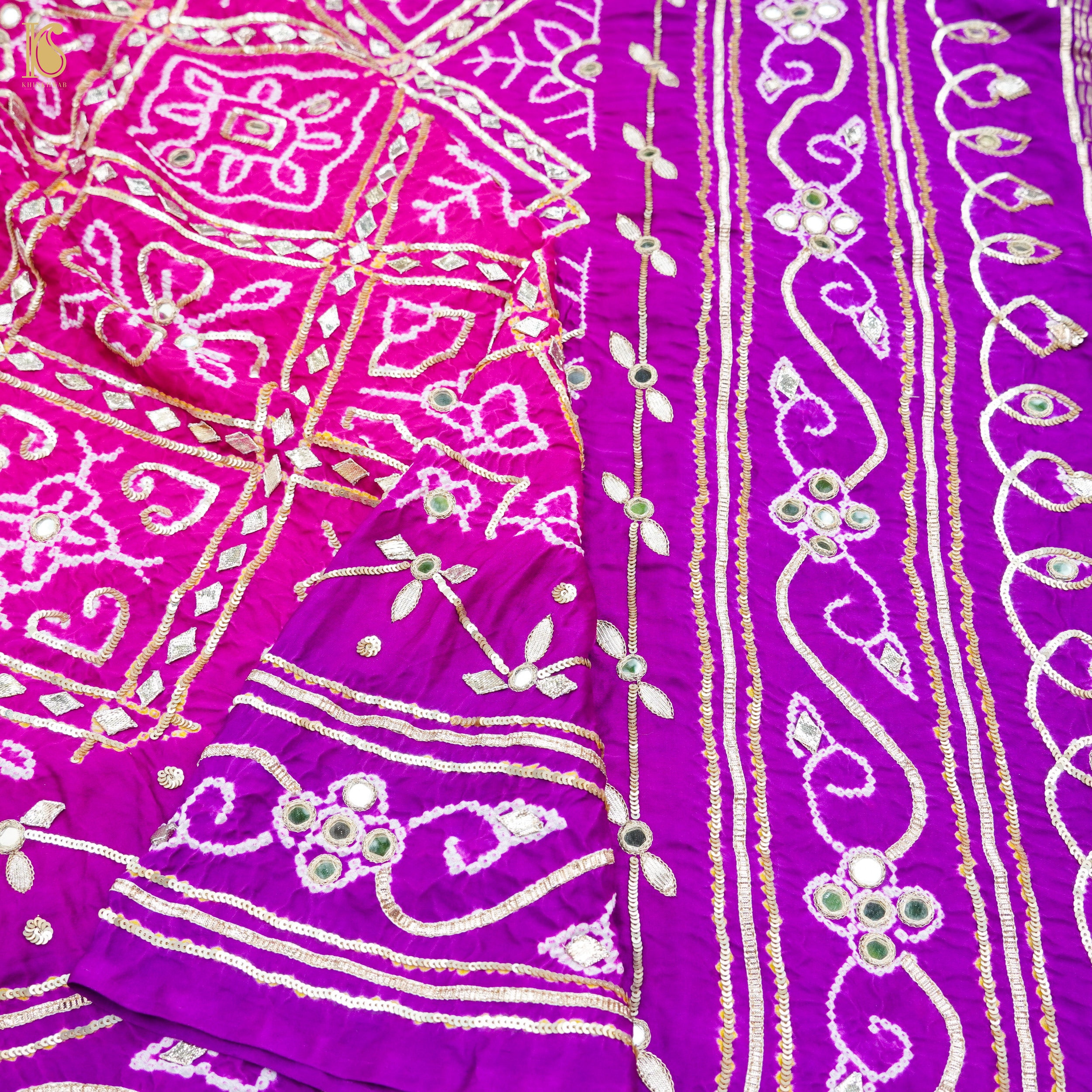 Pink & Purple Gajji Silk Bandhani Gotta Patti & Mirror Work Dupatta - Khinkhwab