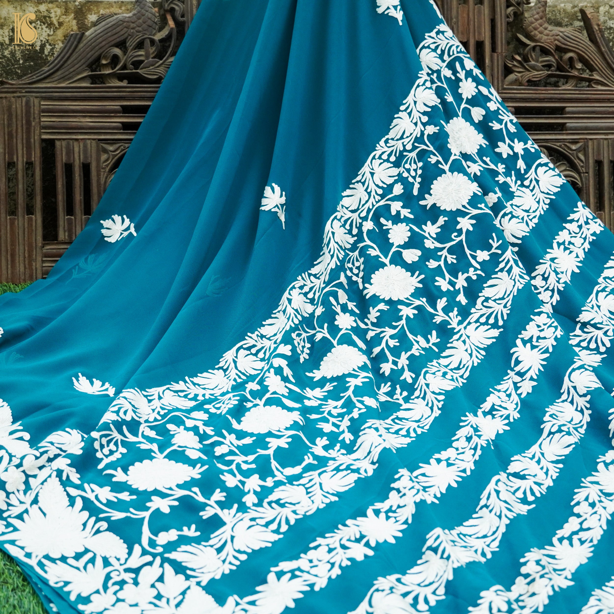 Cerulean Blue Pure Georgette Kashmiri Embroidery Saree - Khinkhwab