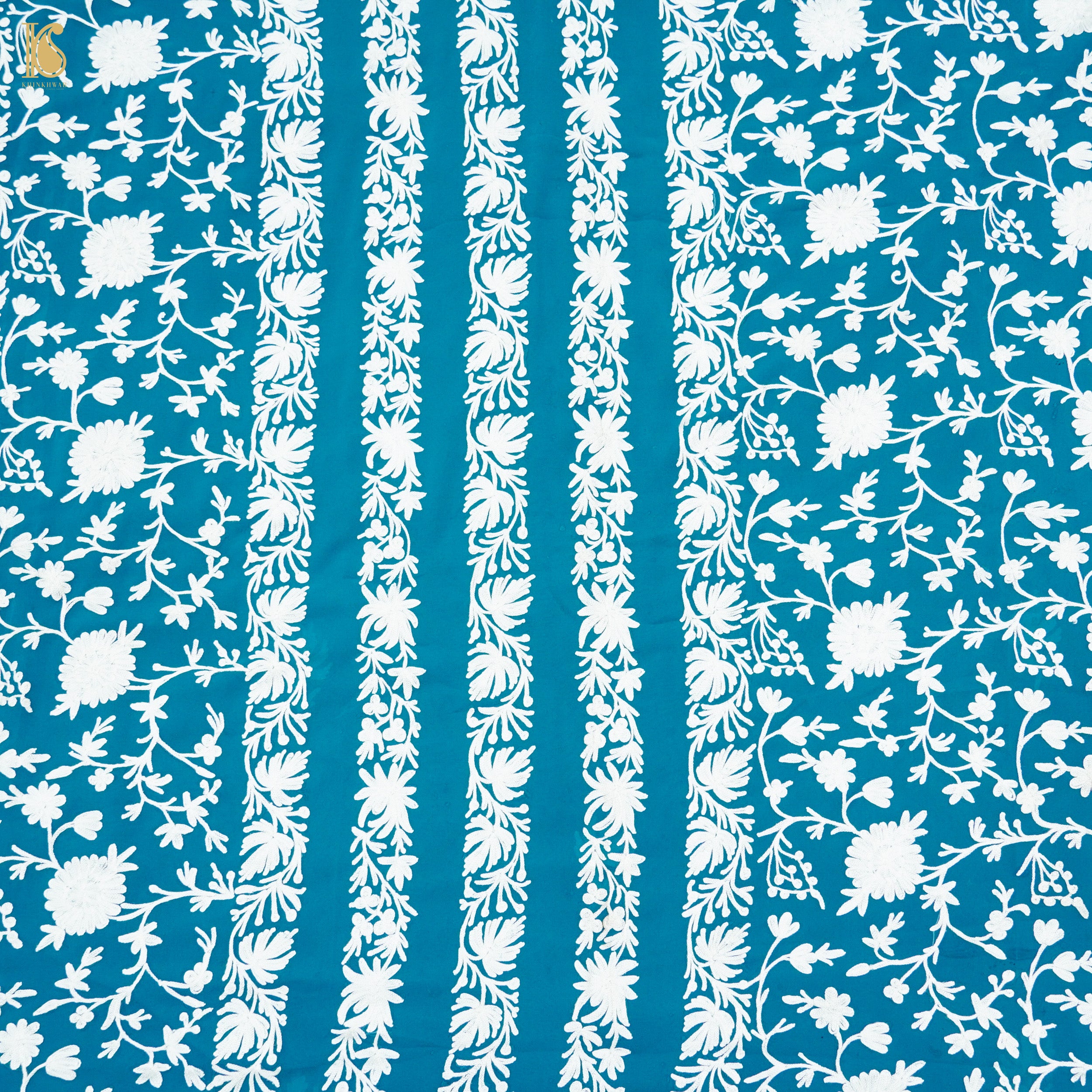 Cerulean Blue Pure Georgette Kashmiri Embroidery Saree - Khinkhwab