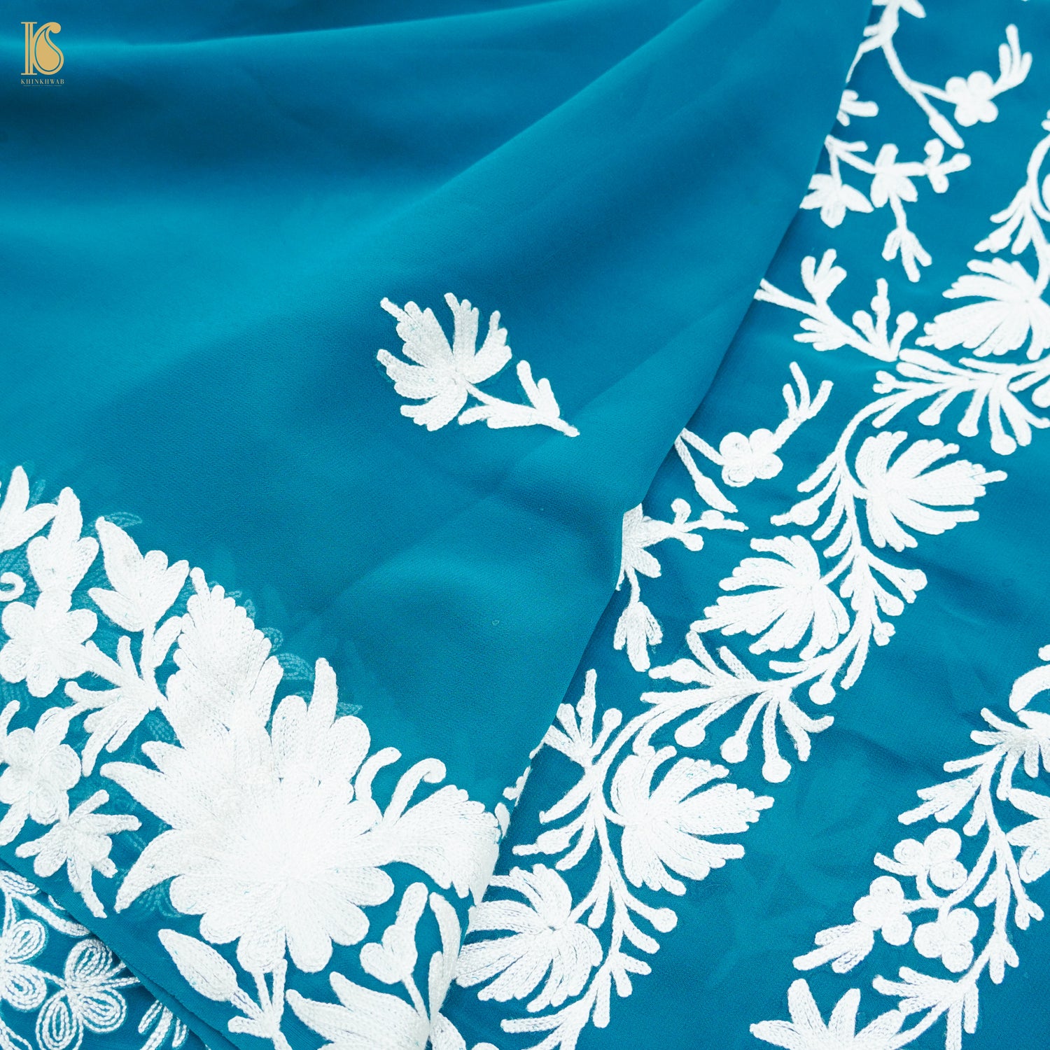 Cerulean Blue Pure Georgette Kashmiri Embroidery Saree - Khinkhwab