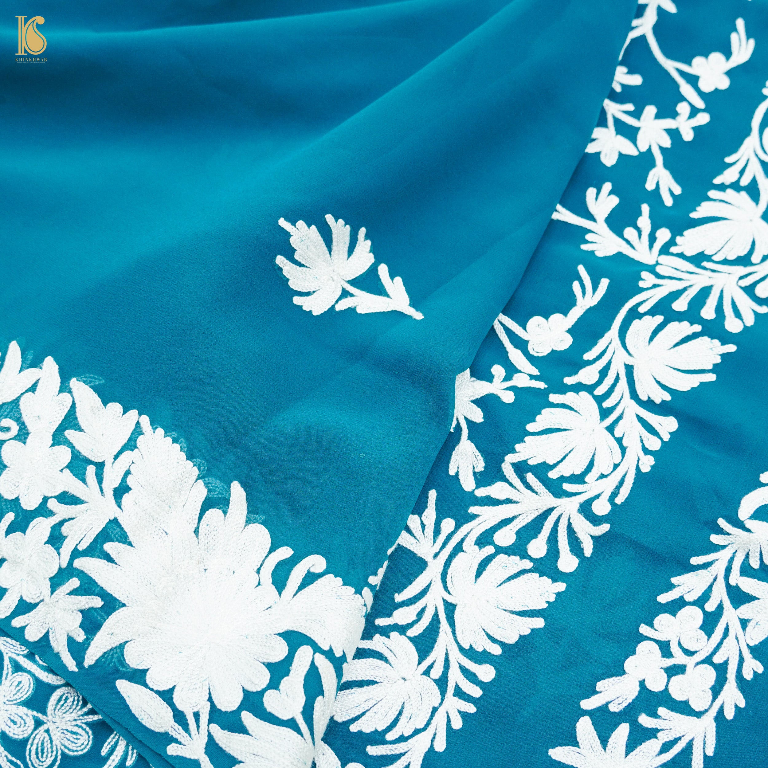 Cerulean Blue Pure Georgette Kashmiri Embroidery Saree - Khinkhwab