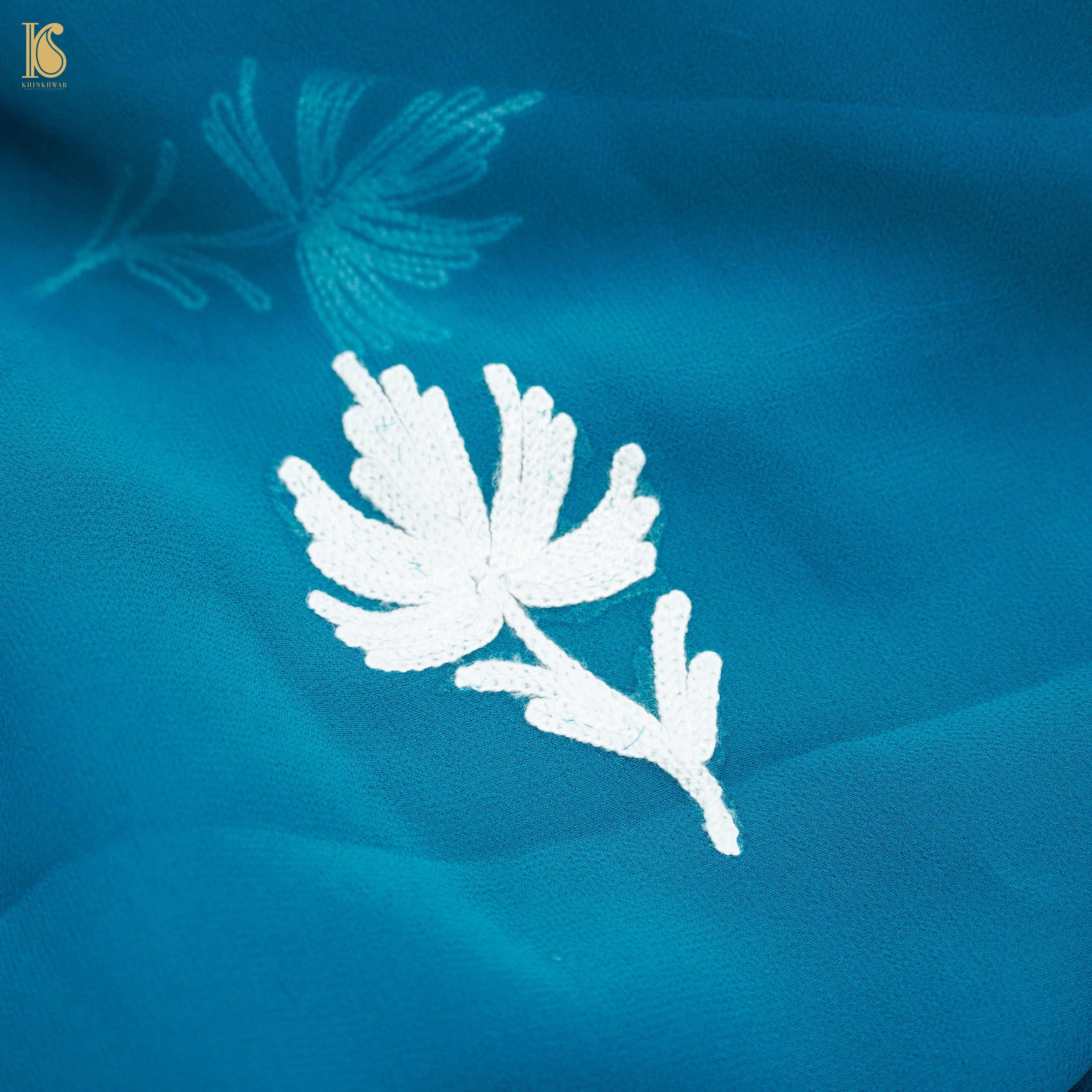 Cerulean Blue Pure Georgette Kashmiri Embroidery Saree - Khinkhwab