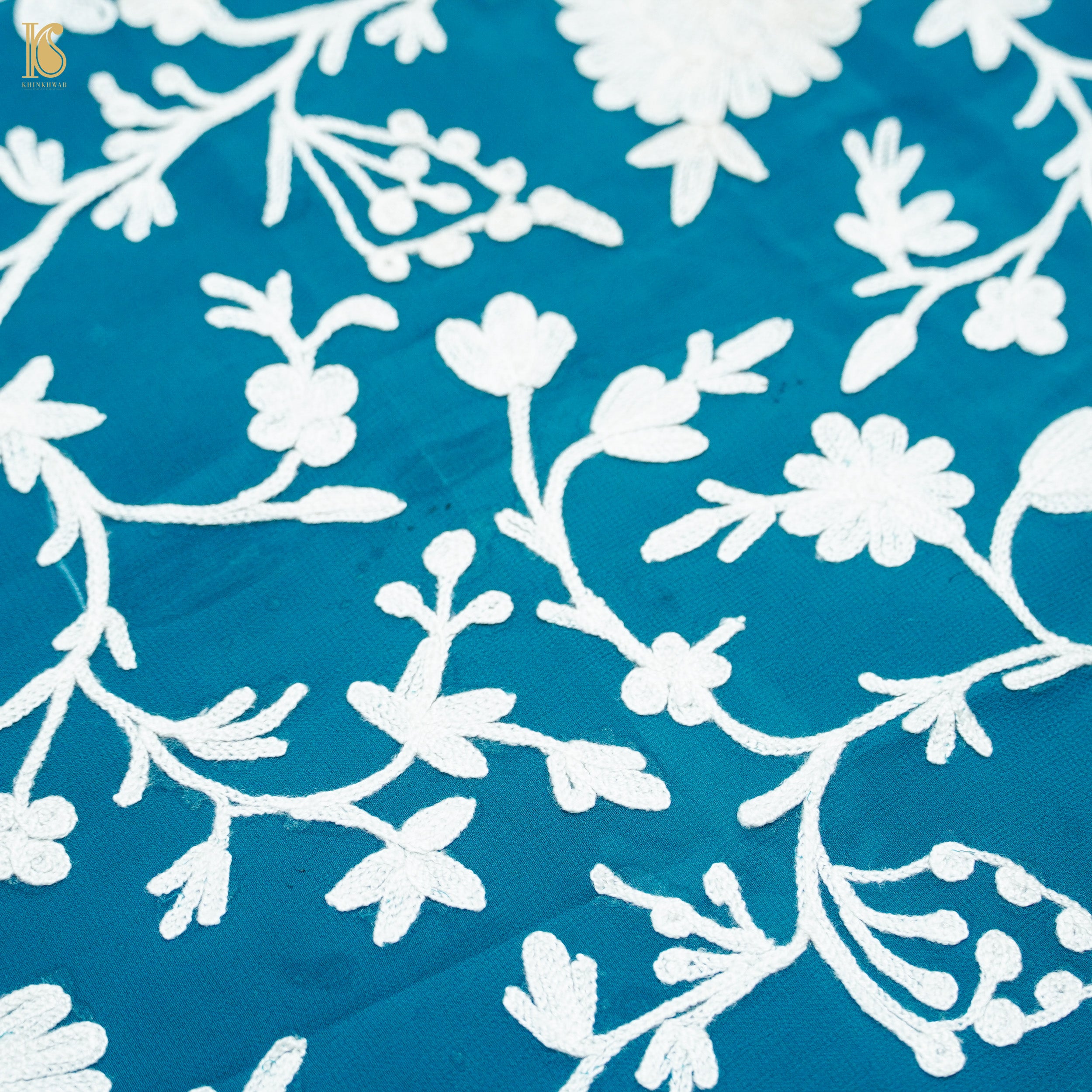Cerulean Blue Pure Georgette Kashmiri Embroidery Saree - Khinkhwab